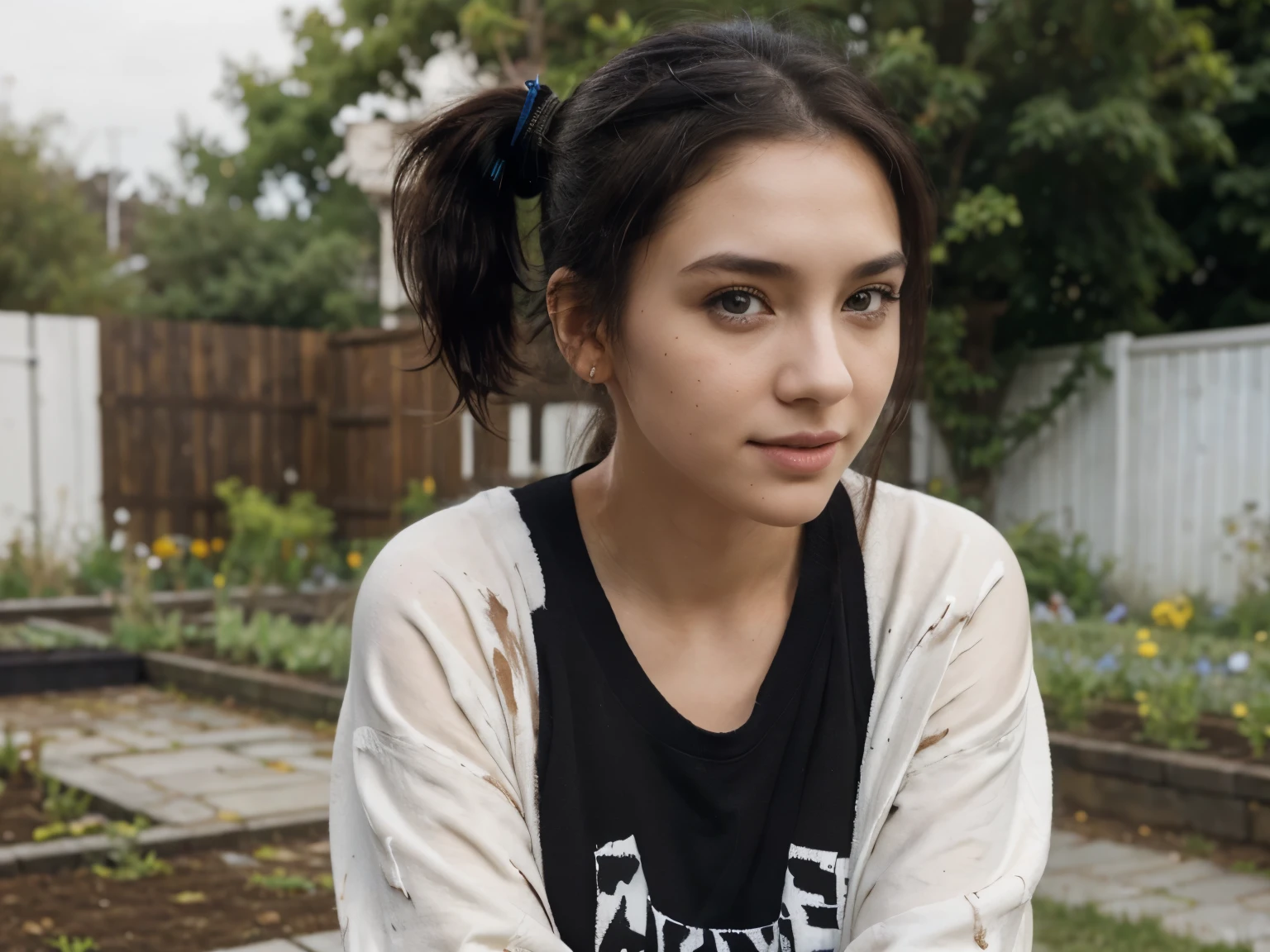 1girl, solo ,masterpiece, best_quality, photoshoot, looking at camera, young adult , happy expression, (porcelain skin), brown eyes, (black hair), (messy hair in ponytail), black cardigan, baggy tshirt, black sweatpants, white skin,garden background, leaning