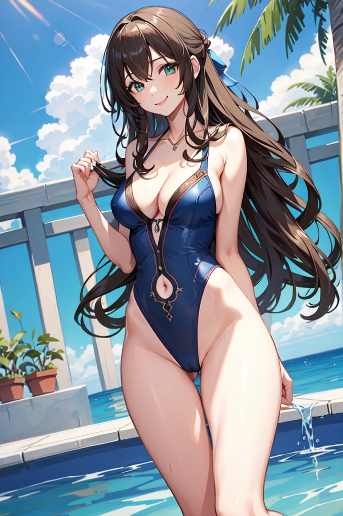 masterpiece, best quality, a beautiful sexy mature woman is posing in her swimsuit by the pool of water, 1girl, sexy swimsuit, breasts, solo, outdoors, large breasts, navel, thong swimsuit bottom, pool, smile, high leg, multiple cutout, red and blue lined one-piece swimsuit, wet, looking at viewer, bangs, water, collarbone, sky, thigh gap, camel toe, day, cleavage, blue sky,