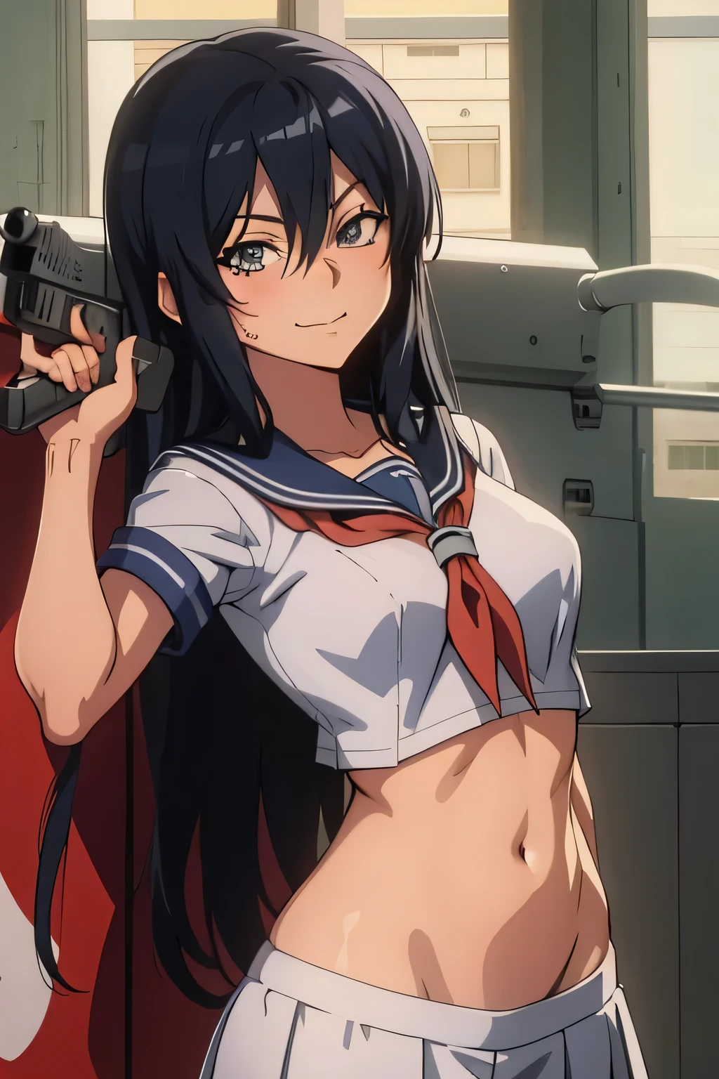 Pitohui_Elza, crazy smirk,
,masterpiece, best quality, highly detailed, a anime girls in sailor uniforms with a gun posing for a picture, ecchi anime style, anime girls, kantai collection style, ecchi style, ecchi, shipgirls, digital anime art!!, high school girls, kantai collection arcade, in anime style, official artwork, visual novel cg, beautiful anime high school girl, anime style 4 k, short skirt, exposed belly, exposed navel, exposed midriff, exposed lower belly