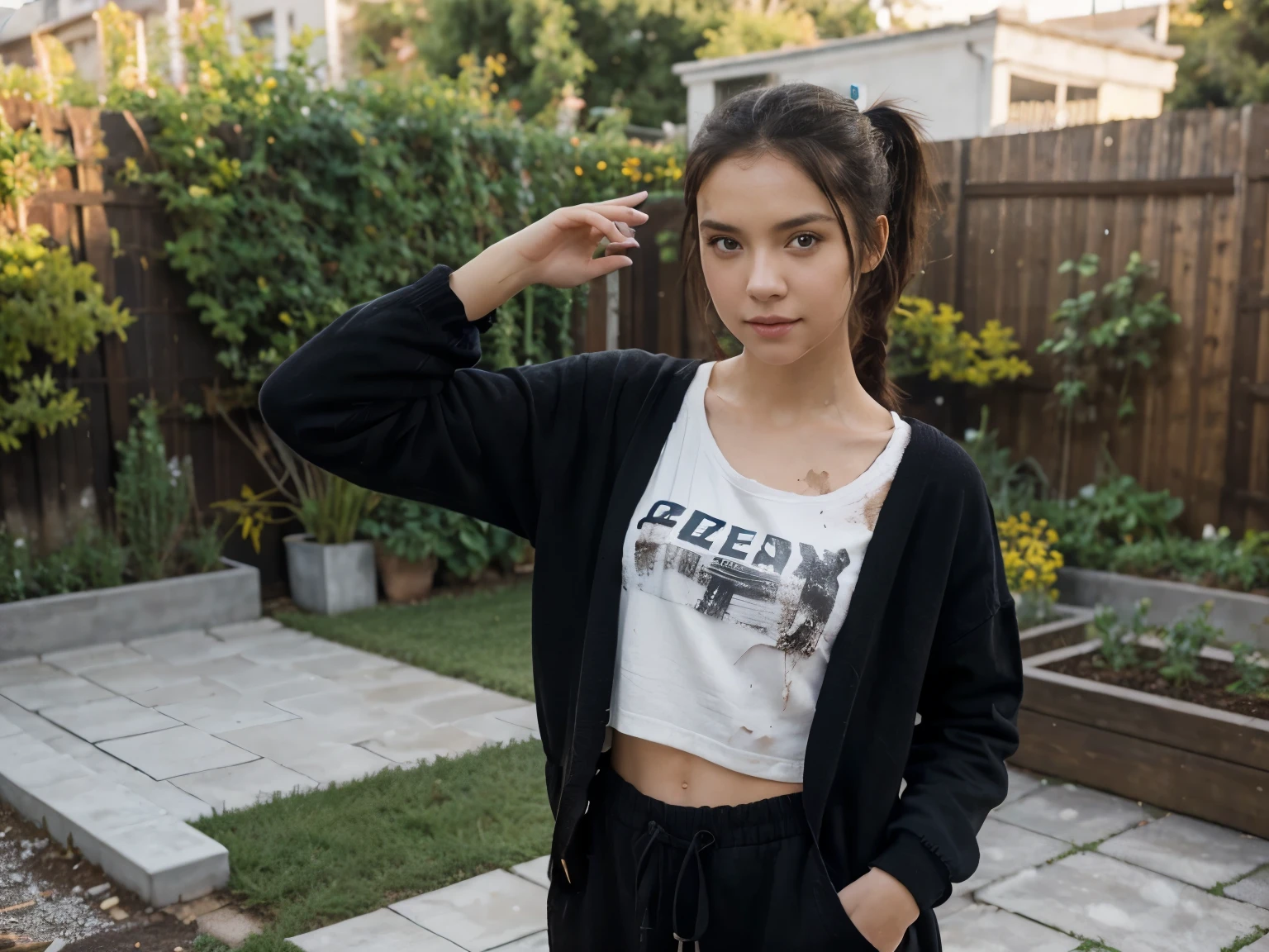 1girl, solo ,masterpiece, best_quality, photoshoot, looking at camera, young adult , happy expression, (porcelain skin), brown eyes, (black hair), (messy hair in ponytail), black cardigan, baggy tshirt, black sweatpants, white skin,garden background, leaning, full body