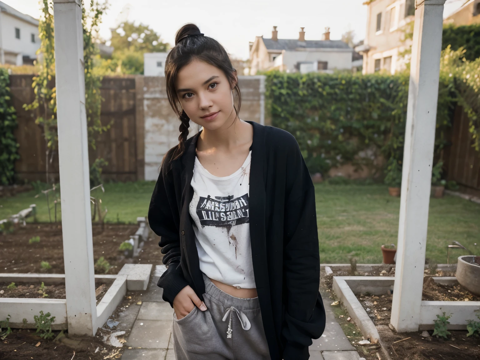 1girl, solo ,masterpiece, best_quality, photoshoot, looking at camera, young adult , happy expression, (porcelain skin), brown eyes, (black hair), (messy hair in ponytail), black cardigan, baggy tshirt, black sweatpants, white skin,garden background, leaning, full body