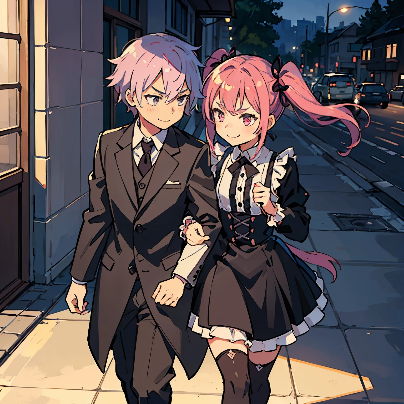 Girl with pink hair, long twin-tail hairstyle, small bushy eyebrows, wearing gothic ****ta clothing, ****con (Zankuro) drawing style by zankuro artist, Zancrow style, image uploaded to R34, walking to school, flirty smile, suddenly having sex in public