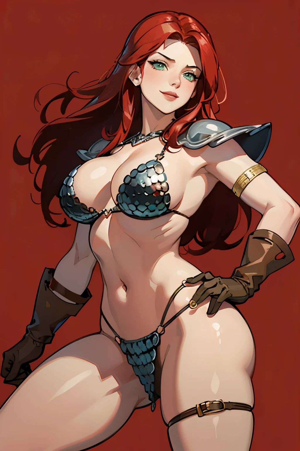 (masterpiece), best quality, expressive eyes, perfect face, busty, cleavage, large breasts, smile, simple red background, red sonja, rsonj, thigh strap, armor, chainmail, armored bikini, brown gloves, green eyes