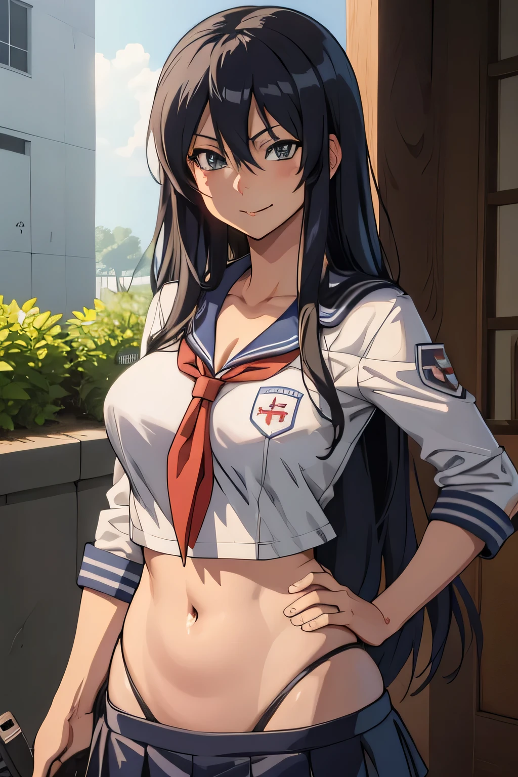 Pitohui_Elza, crazy smirk,,
,masterpiece, best quality, highly detailed, a anime girls in sailor uniforms with a gun posing for a picture, ecchi anime style, anime girls, kantai collection style, ecchi style, ecchi, shipgirls, digital anime art!!, high school girls, kantai collection arcade, in anime style, official artwork, visual novel cg, beautiful anime high school girl, anime style 4 k, short skirt, exposed belly, exposed navel, exposed midriff, exposed lower belly