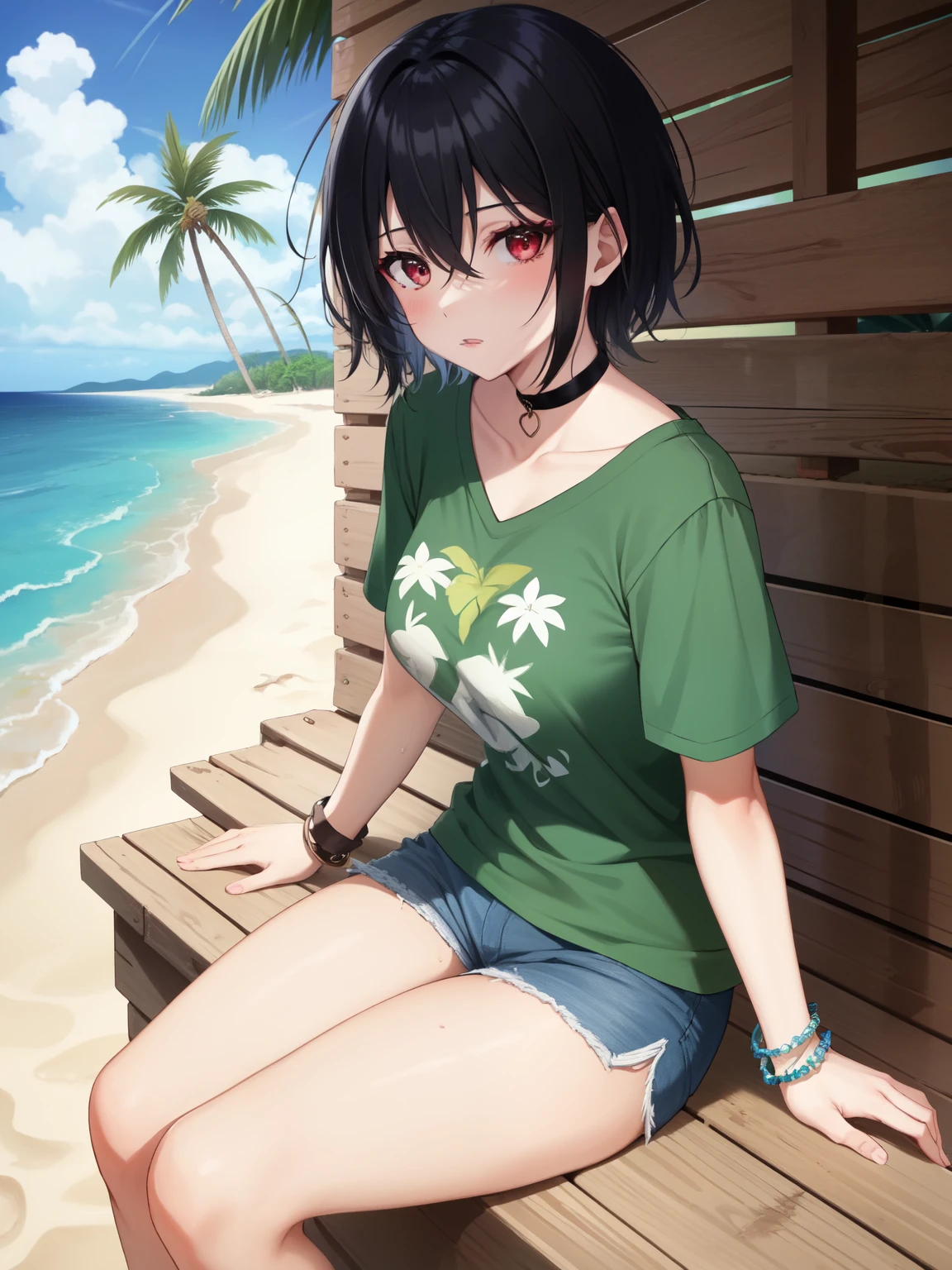 1girl, solo, mature female, vampire, (pale skin:0.8), red eyes, black hair, (wavy hair:0.1), messy hair, short hair, hair between eyes, wolfcut, pixie cut, makeup, punk, emo, breasts, green tropical shirt, bracelets, no bra, blue shorts, beach, palm tree, hut, multiple boys, tribe