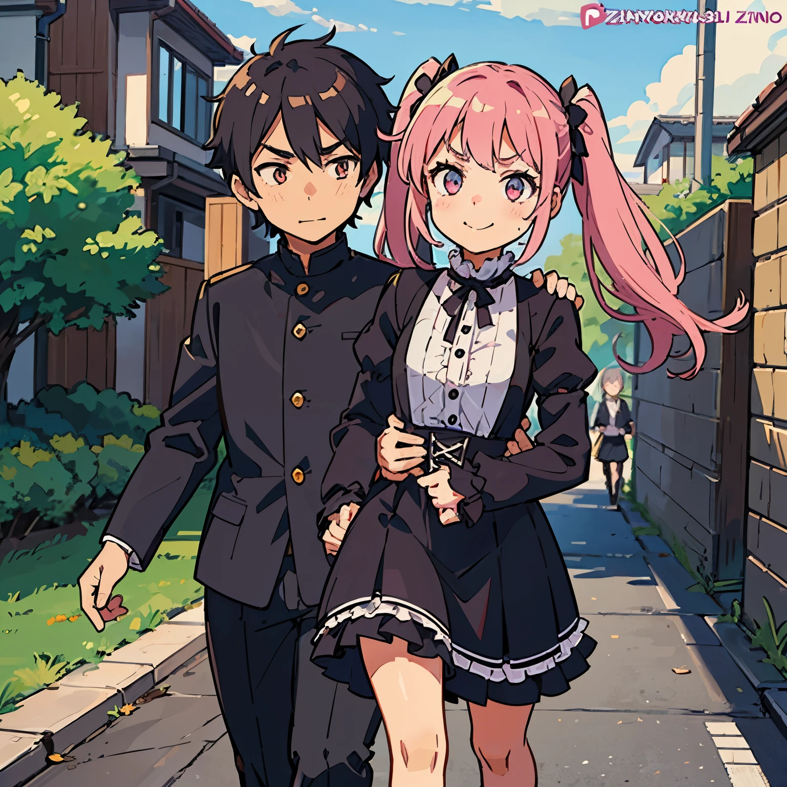Girl with pink hair, long twin-tail hairstyle, small bushy eyebrows, wearing gothic lolita clothing, lolicon (Zankuro) drawing style by zankuro artist, Zancrow style, image uploaded to R34, walking to school, flirty smile, suddenly having sex in public