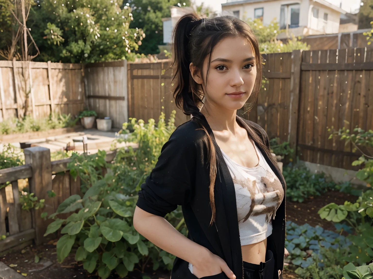 1girl huge breast, solo ,masterpiece, best_quality, photoshoot, looking at camera, young adult , happy expression, (porcelain skin), brown eyes, (black hair), (messy hair in ponytail), black cardigan, baggy tshirt, black sweatpants, white skin,garden background, leaning, full body
