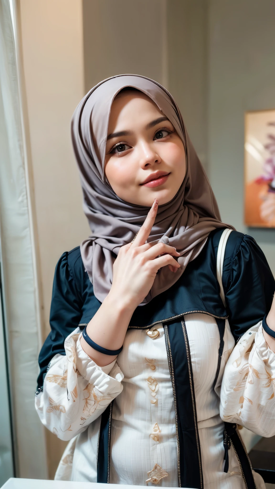 masterpiece, (ultra-high-definition portrait, vignet:1.4), Realistic, extremely detailed, CG unified, 8k, Clean lines, highly detailed, High-definition, raw color photos, she is smiling, Realistic portrait, Cinematic Light, Beautiful detailed, (1hijabgirl, indonesian:1.5), (165cm tall, big breasts with lips like he wants to kiss:1.5), Beautiful big breasts, breasts details, very tight, (Biggorgeous breast, Fish gape:1.5), (fish gape, Big Breast:1.4), Close up of a girl in Beautiful clothes with errected nipple, biggorgeous breast, Soft smile, scarf, (Bombastic Side Eyes with curvaceous body:2), pose 4 of 1 6, Undress, No bra, (nipples that are clearly sticking out detail:1.2), Outdoors, high intricate detailed.