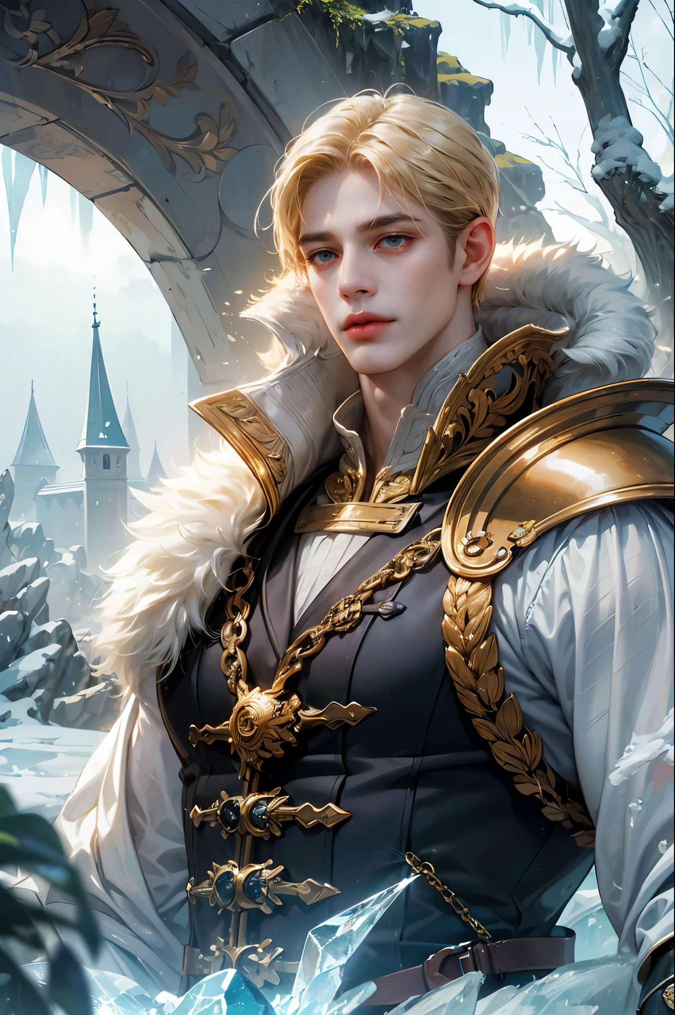 (Ridiculous, high resolution, Super detailed, original characters, high dynamic range), 1 boy, alone, aldult, Handsome, ((tall muscular man, broad shoulders)), delicate eyes, ((Fluffy blonde short hair)), hair between eyes, forehead, ice blue eyes, magic spell, fantasy armor, tight clothes, sword, (portrait), face focus, Fairytale colorful forest scenery, Colorful light, colorful tree, fantasy greek castle, long face, Keep your mouth shut, look away, depth of field