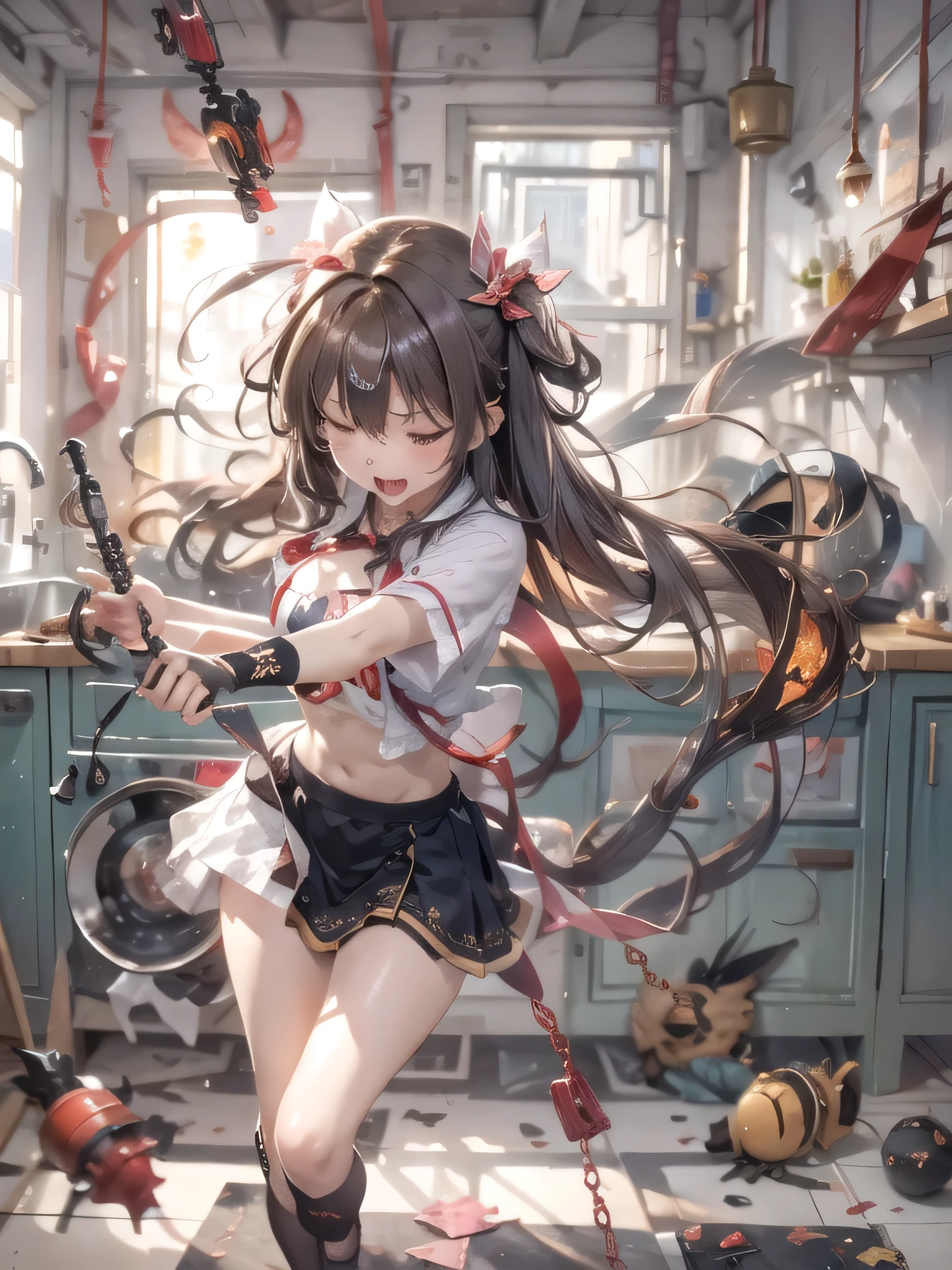 High quality fantasy anime pictures、Weak with an iron ball connected to a chain with spikes々A waifu servant who shakes、Slamming a cockroach on the cracked floor of a messy kitchen、abstract art、critical attack、screaming face、I closed my eyes in panic.