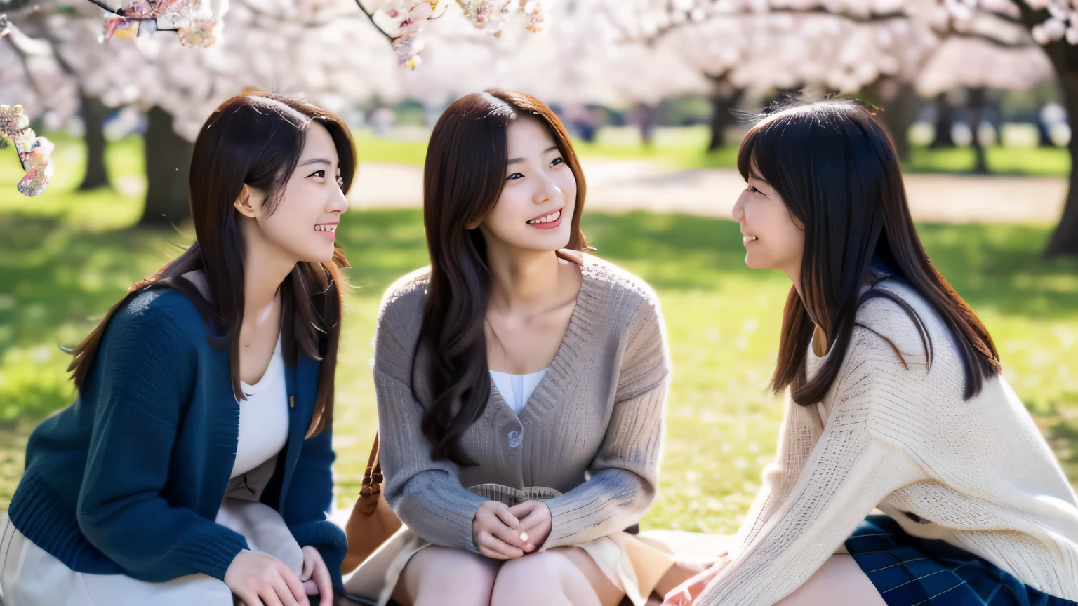 masterpiece, highest quality, Photoreal, Super detailed, finely, High resolution, 8k wallpaper, Professional, Advanced level of detail, Three female college students enjoying cherry blossom viewing in the park, slender Japanese woman, ((Conversation for 3 people)), detailed clavicle, Medium chest、perfect face, medium long hair, knit sweater、mini skirt、A happy smile