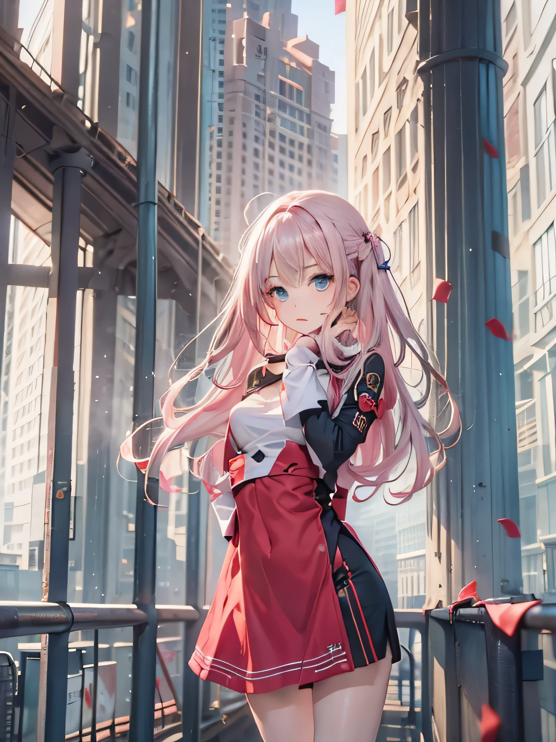 (1 female、mature、light pink hair、turquoise eyes、red dress: turtleneck、black tights、serious face、Guilty Crown Prayer)、city background、Front view、High resolution、ultra sharp、8K、masterpiece、Portrait、high detail、symmetry