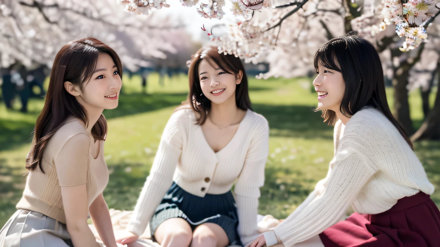 masterpiece, highest quality, Photoreal, Super detailed, finely, High resolution, 8k wallpaper, Professional, Advanced level of detail, Three female college students enjoying cherry blossom viewing in the park, slender Japanese woman, ((Conversation for 3 people)), detailed clavicle, Medium chest、perfect face, medium long hair, knit sweater、mini skirt、A happy smile