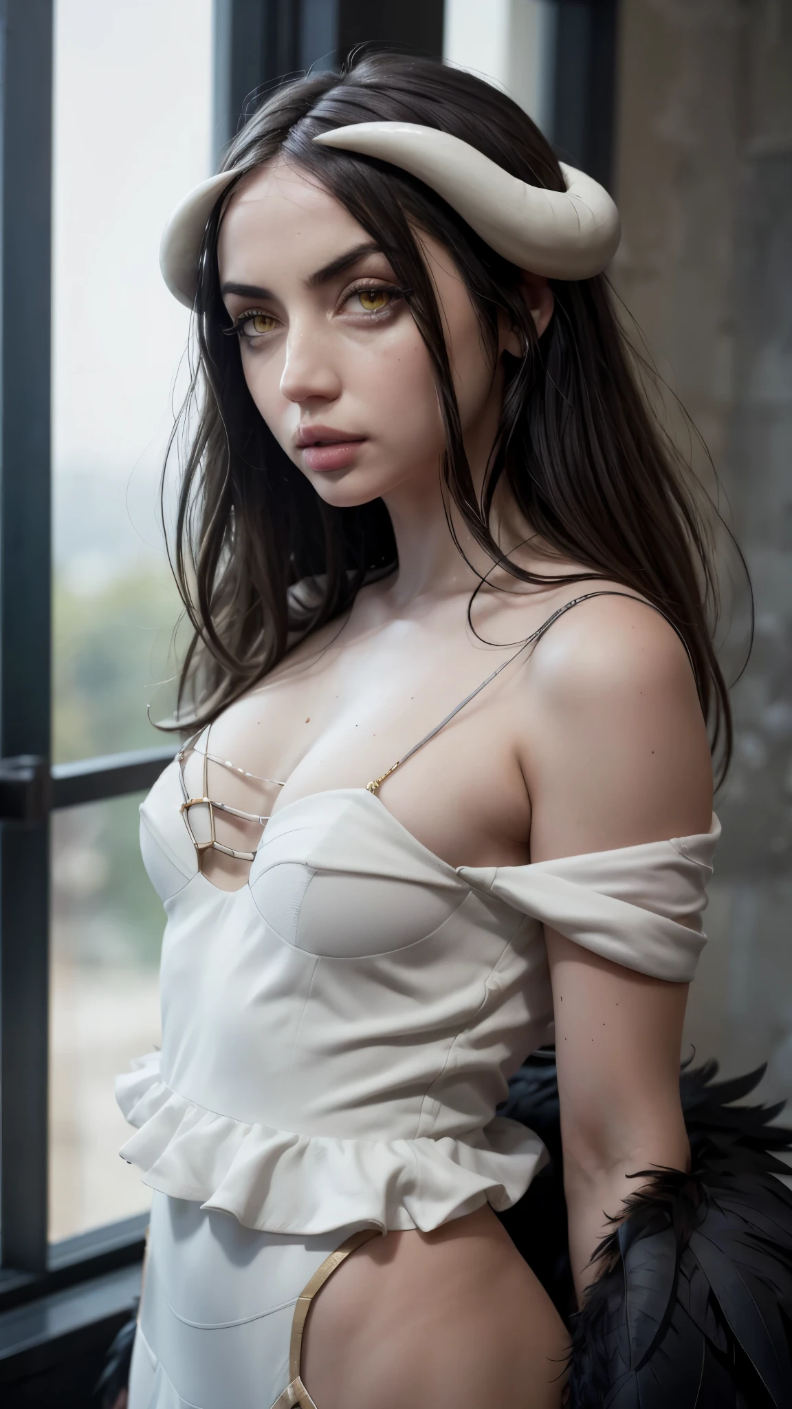 Ana De Armas, albedo_overlord, hair between eyes, white dress, bare shoulders, dress, low wings, ahoge, black feathers, standing