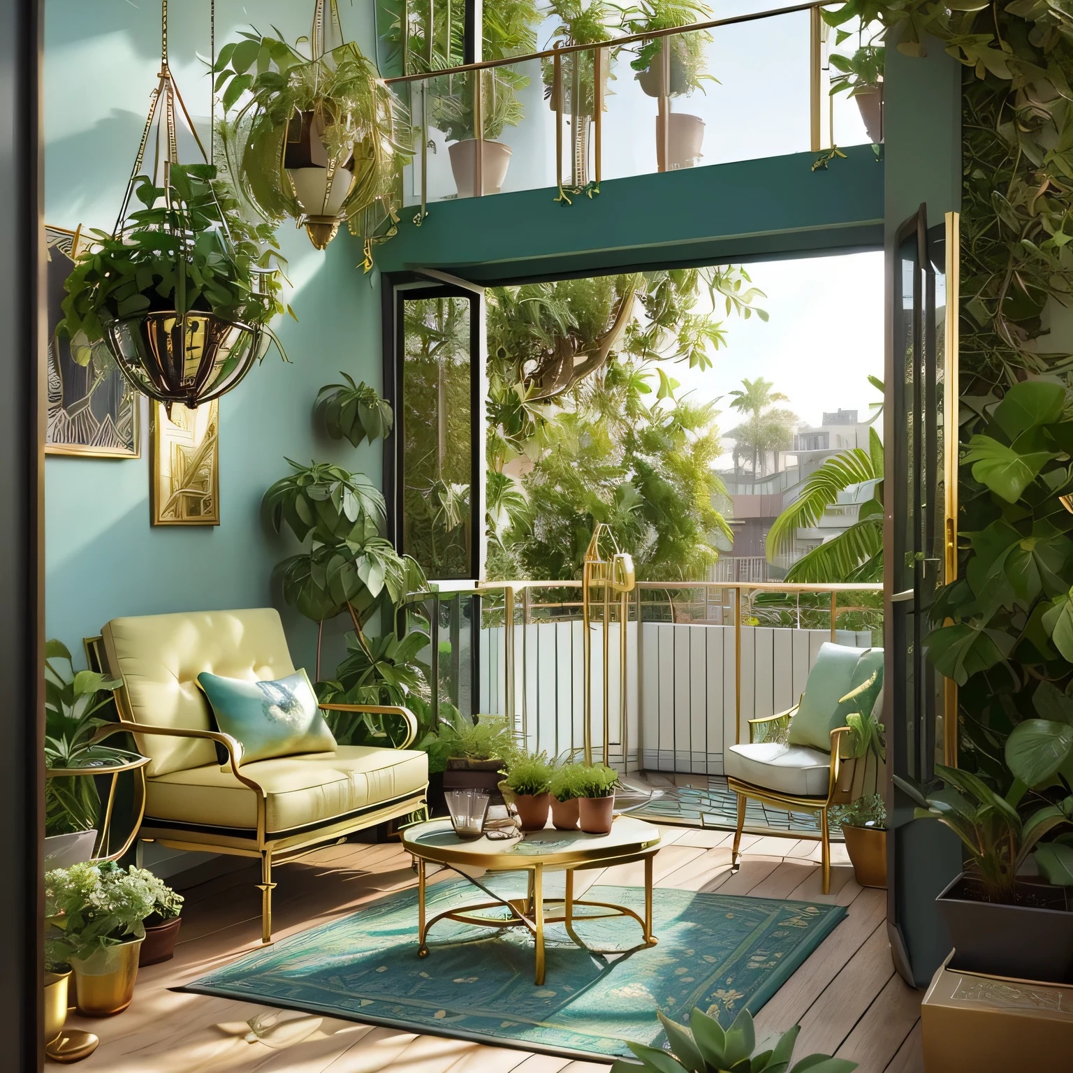 An oversized sunny balcony filled with greenery,Gold and blue,Green rose,Hanging orchid,Succulent,potted,a chair,A coffee table,tea set,Interior renderings,evening light,high end,posh,Strip light,artwork of a,Realisticstyle,Authentic expressions
