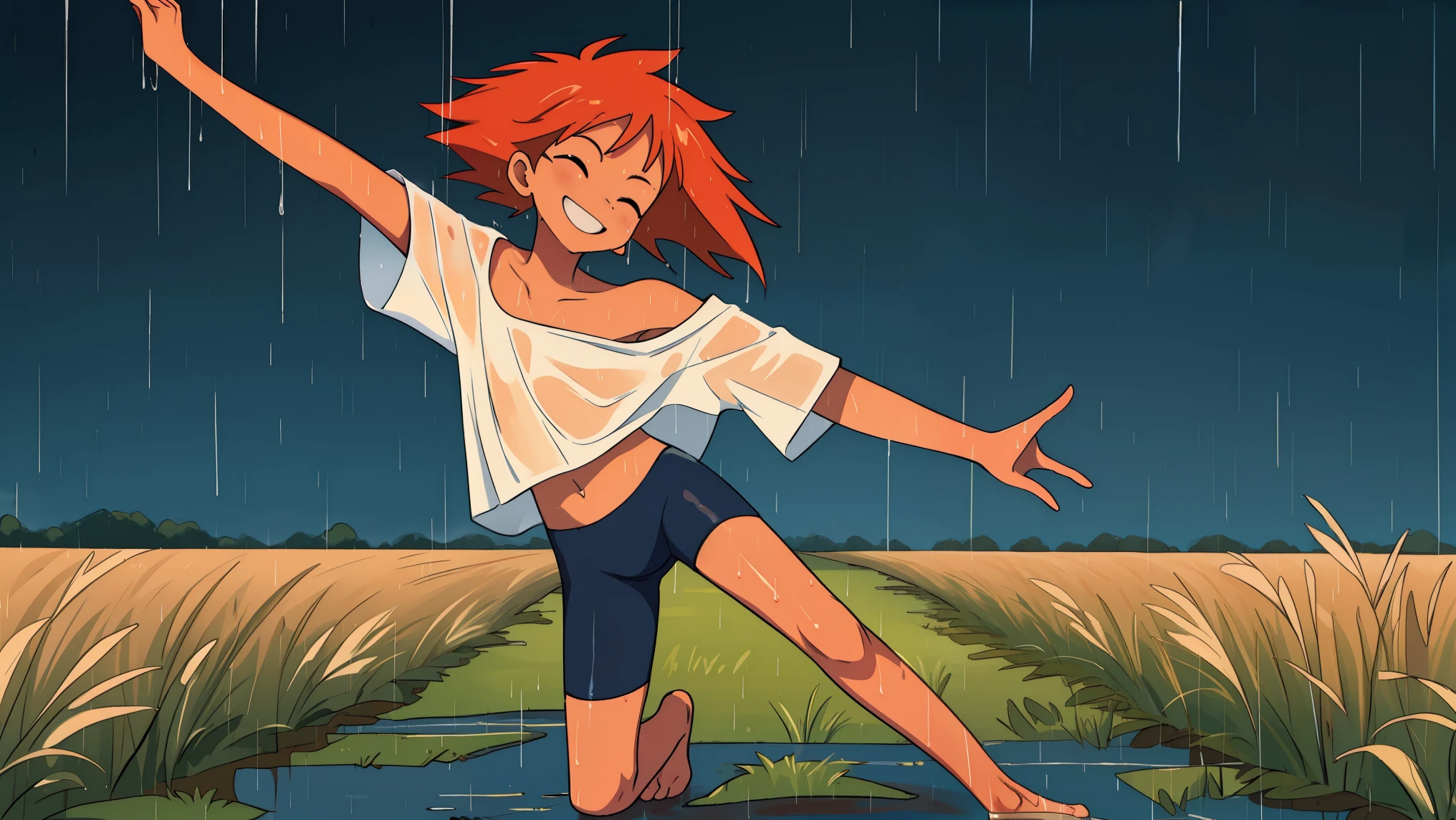 Edward, (((dancing))) in the rain, bare feet, raining hard, full body, feet in puddle,  hands in the air, looking up at the sky, eyes closed, (((field background))) smiling, wet clothes, wet hair, clothing clinging to skin, midriff,orange hair,white shirt,off shoulder,collarbone,tan skin, black bike shorts,goggles, brown eyes, smiling, (insanely detailed, beautiful detailed face, masterpiece, best quality),