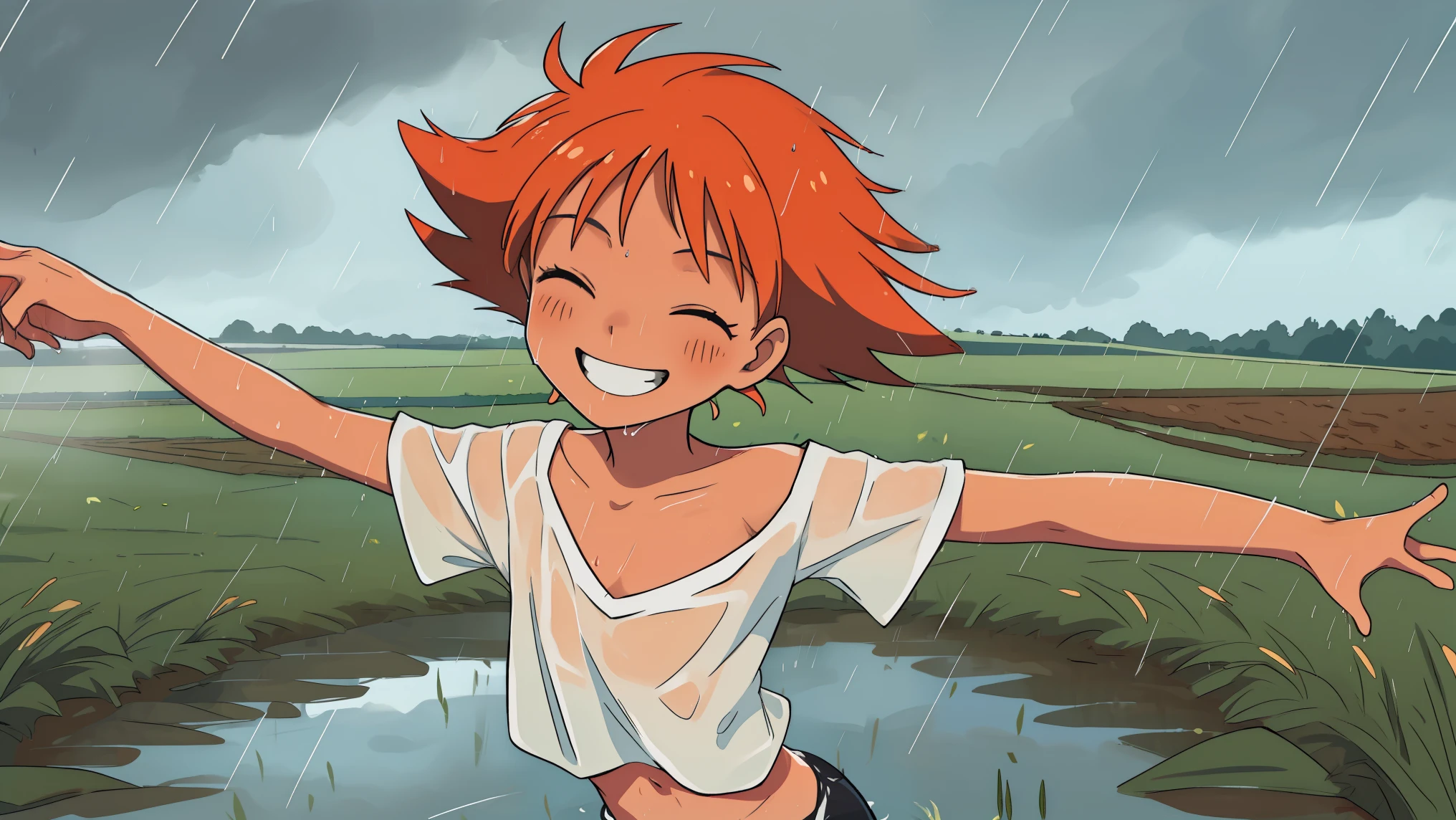 Edward, (((dancing))) in the rain, bare feet, raining hard, full body, feet in puddle,  hands in the air, looking up at the sky, eyes closed, (((field background))) smiling, wet clothes, wet hair, clothing clinging to skin, midriff,orange hair,white shirt,off shoulder,collarbone,tan skin, black bike shorts,goggles, brown eyes, smiling, (insanely detailed, beautiful detailed face, masterpiece, best quality),