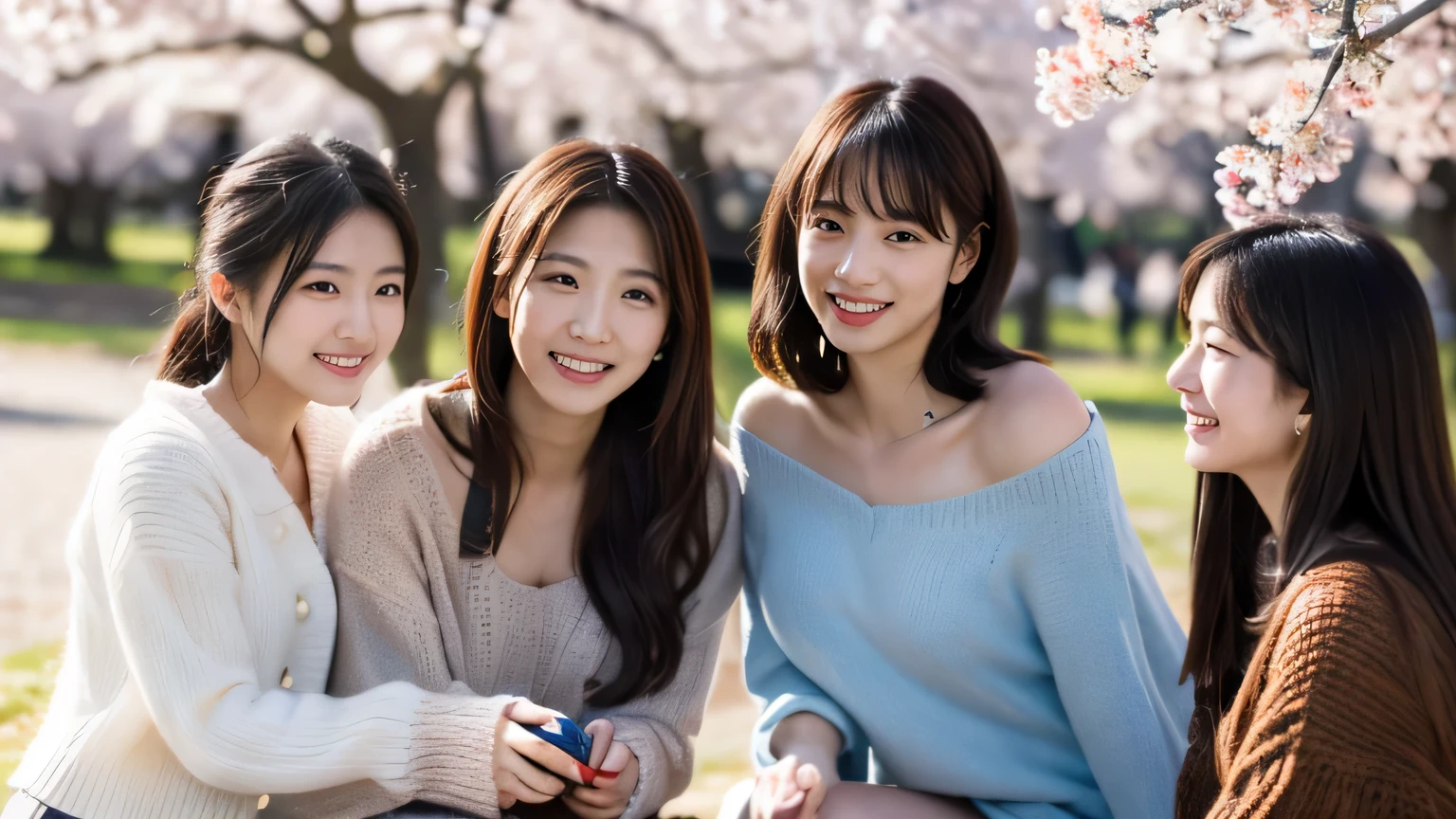 masterpiece, highest quality, Photoreal, Super detailed, finely, High resolution, 8k wallpaper, Professional, Advanced level of detail, Three female college students enjoying cherry blossom viewing in the park, slender Japanese woman, ((Conversation for 3 people)), detailed clavicle, Medium chest、perfect face, medium long hair, knit sweater、mini skirt、A smiling face who looks happy after drinking alcohol