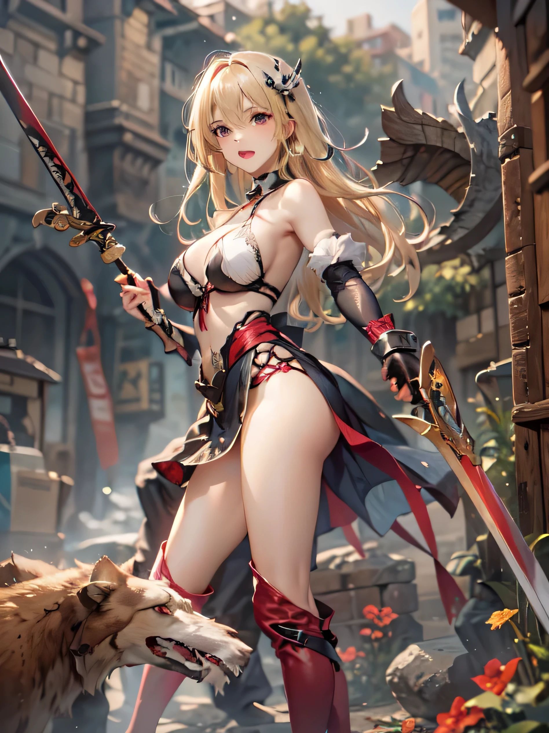 (photorealistic:1.8, highest quality:1.8,8K masterpiece:1.8,High resolution,muste piece:1.8,RAW Photos,cinematic lighting),
medieval fantasy、Valkyrie、
 (1 android girl:1.3)、Completely naked、combat hair ornament、red shirt、bondage、choker、knee high tights、Nipple piercing、beautiful butt,beautiful thighs,plump nipples,Nipples are visible through the costume、plump nipples、(cameltoe),No split screen,slender abs:1.2,(Young sensual gravure idol)、
(Soryu Asuka Langley)(character focus)、
beautiful and detailed eyes:1.7,beautiful skin:1.8, 
(midium Hair:1.2,beautiful shining blonde hair:1.5)、
Fight with a huge sword、critical hit、screaming face