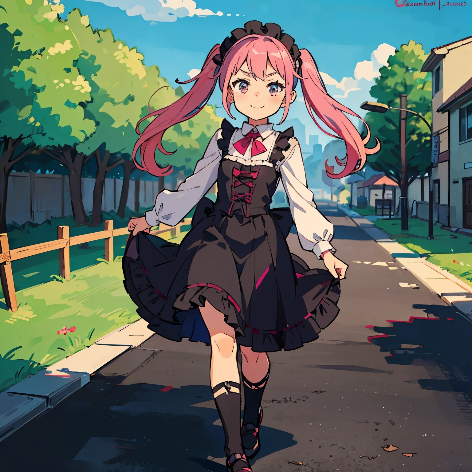 Girl with pink hair, long twin-tail hairstyle, small bushy eyebrows, wearing gothic ****ta clothing, ****con (Zankuro) drawing style by zankuro artist, Zancrow style, image uploaded to R34, walking to school, flirty smile, suddenly having sex in public