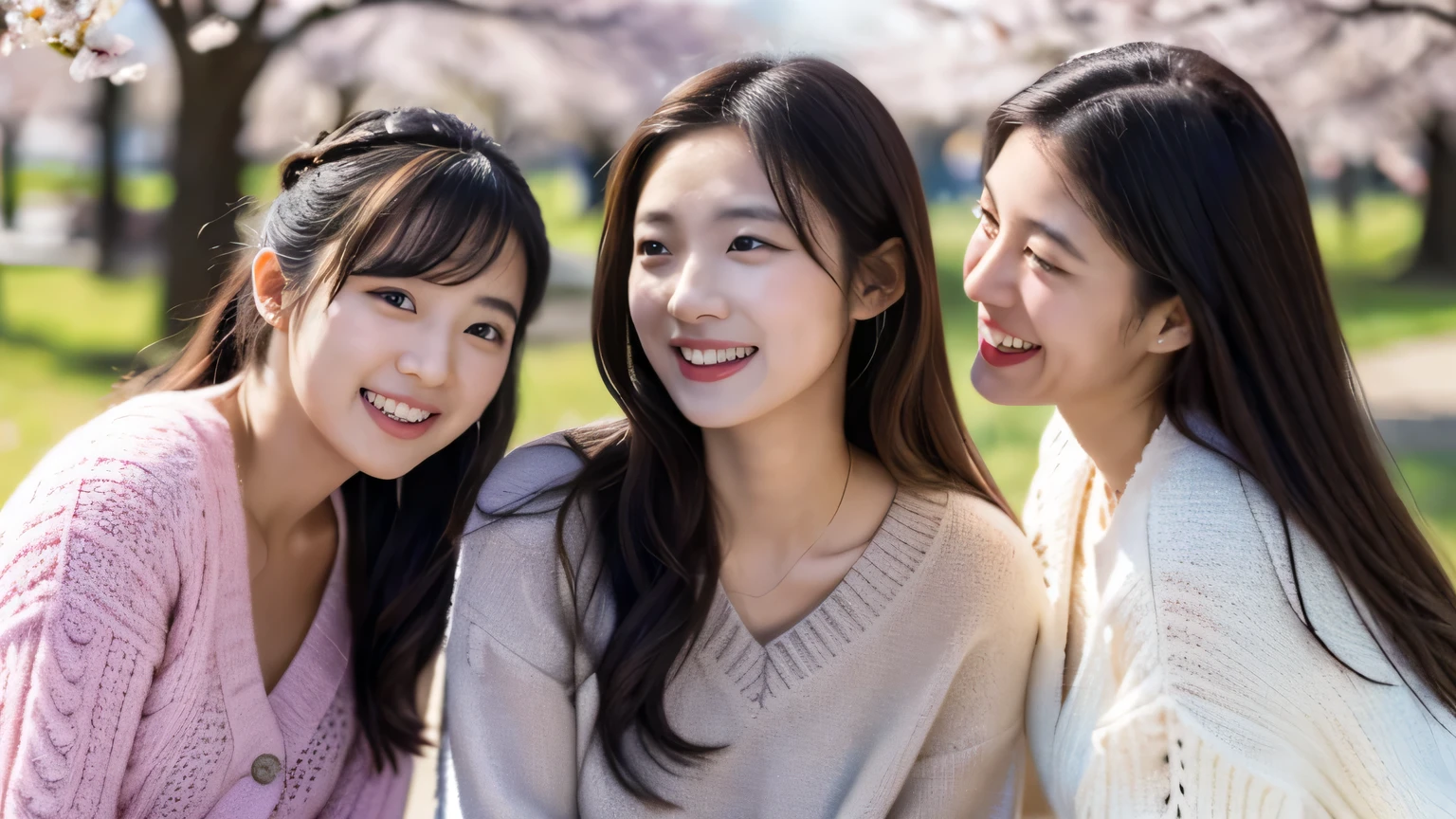 masterpiece, highest quality, Photoreal, Super detailed, finely, High resolution, 8k wallpaper, Professional, Advanced level of detail, Three female college students enjoying cherry blossom viewing in the park, slender Japanese woman, ((Conversation for 3 people)), detailed clavicle, Medium chest、perfect face, medium long hair, knit sweater、mini skirt、A smiling face who looks happy after drinking alcohol