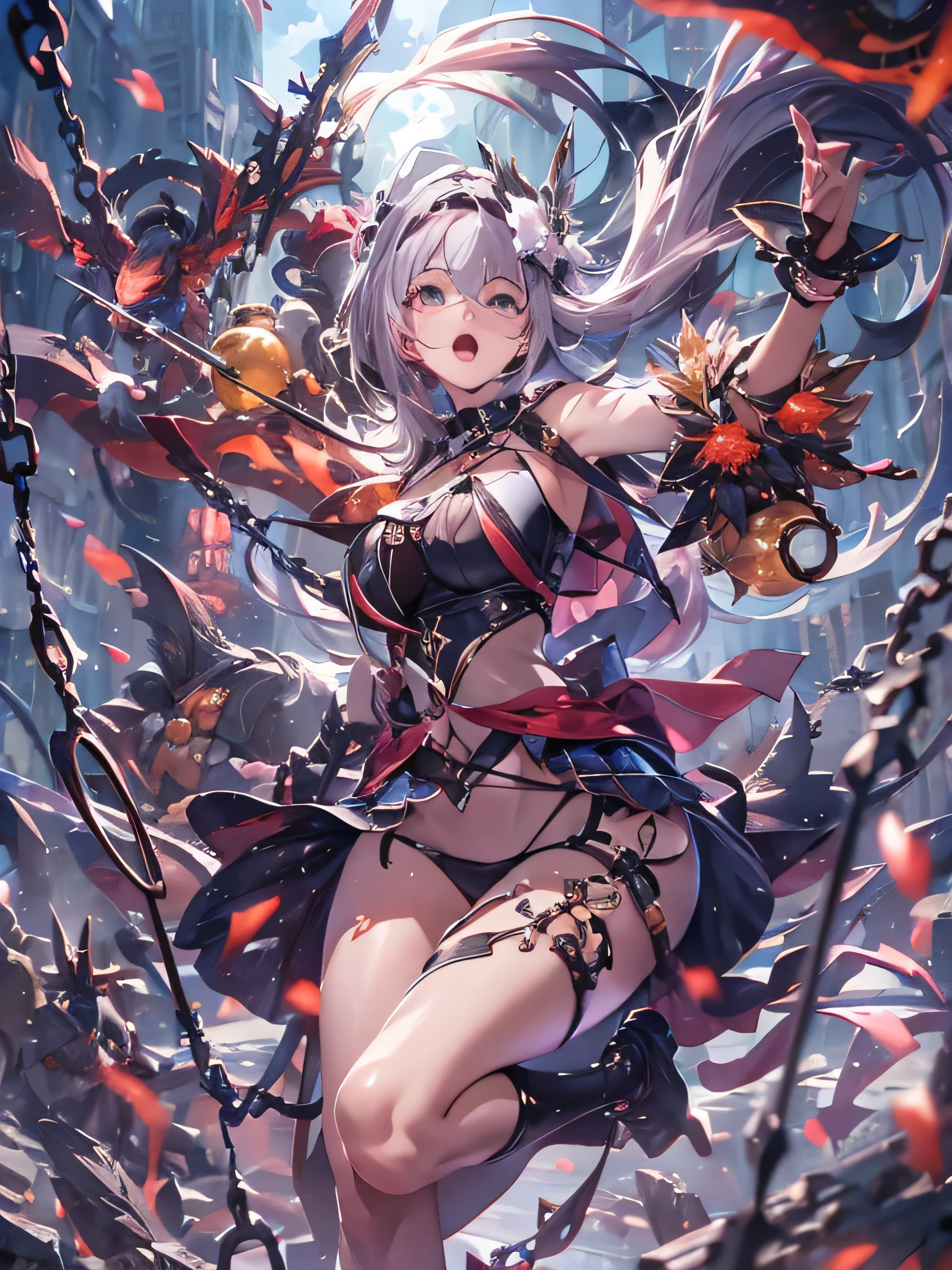 High-quality fantasy photos、A beautiful servant sways frailly on the spikes of an iron ball connected to a chain.、She is blowing away and fighting evil monsters、abstract art、Waifu Anime Style、critical attack、screaming face