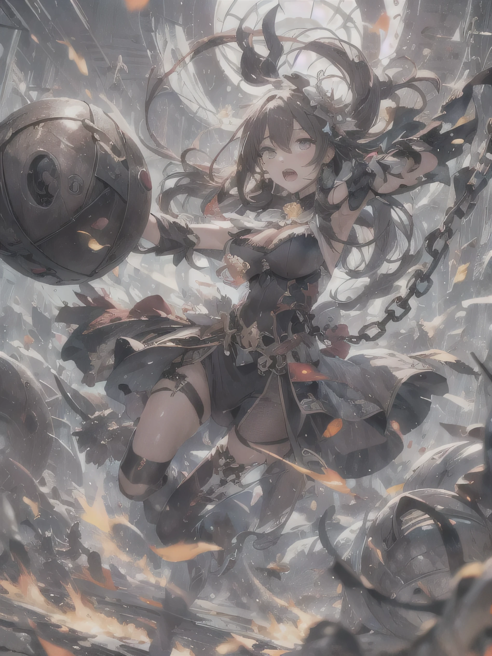 High-quality fantasy photos、A beautiful servant sways frailly on the spikes of an iron ball connected to a chain.、She is blowing away and fighting evil monsters、abstract art、Waifu Anime Style、critical attack、screaming face