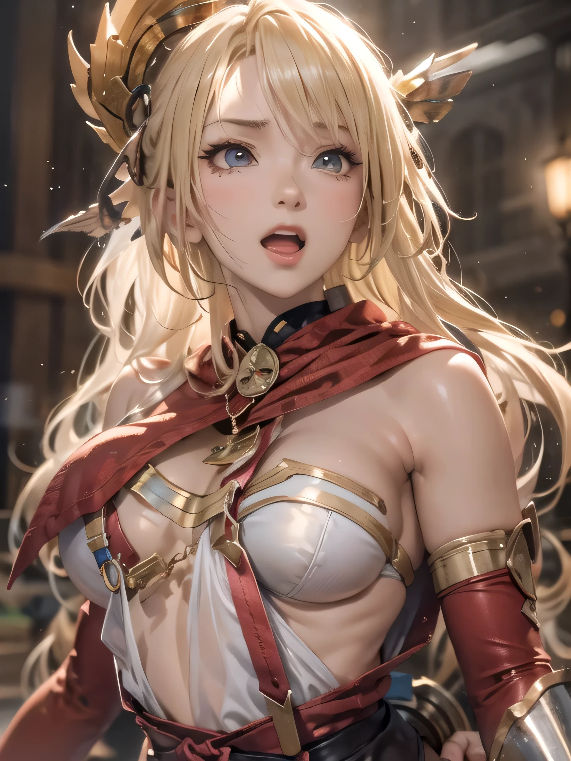 (photorealistic:1.8, highest quality:1.8,8K masterpiece:1.8,High resolution,muste piece:1.8,RAW Photos,cinematic lighting),
medieval fantasy、
 (1 Valkyrie:1.3)、Completely naked、combat hair ornament、red shirt、bondage、choker、knee high tights、Nipple piercing、beautiful butt,beautiful thighs,plump nipples,Nipples are visible through the costume、(cameltoe),No split screen,slender abs:1.2,(Young sensual gravure idol)、
(Soryu Asuka Langley)(character focus)、
beautiful and detailed eyes:1.7,beautiful skin:1.8, 
(midium Hair:1.2,beautiful shining blonde hair:1.5)、
Fight with Excalibur in hand、critical hit、screaming face