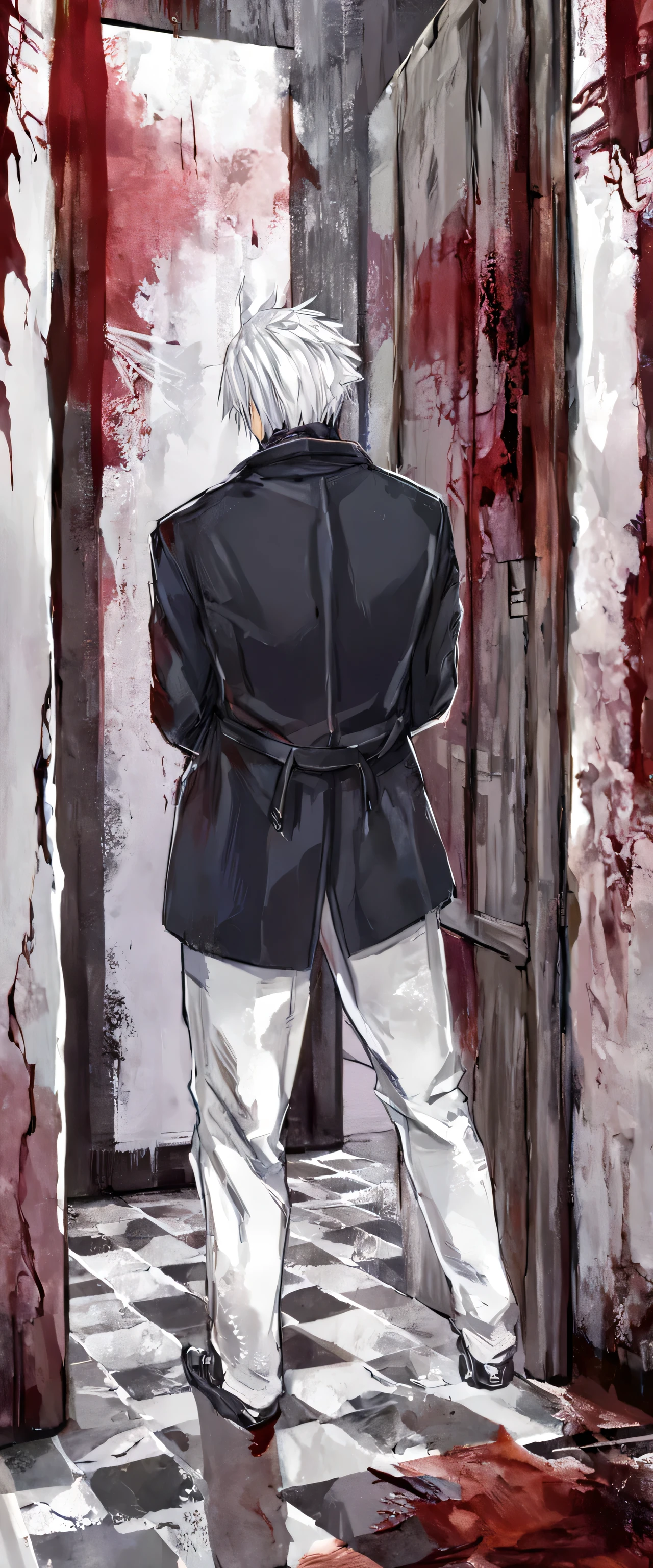 Gojo,male, white hair, wearing a black collared jacket with pants, back facing viewer, bloody walls, wooden storage room, detailed, no object's in hands