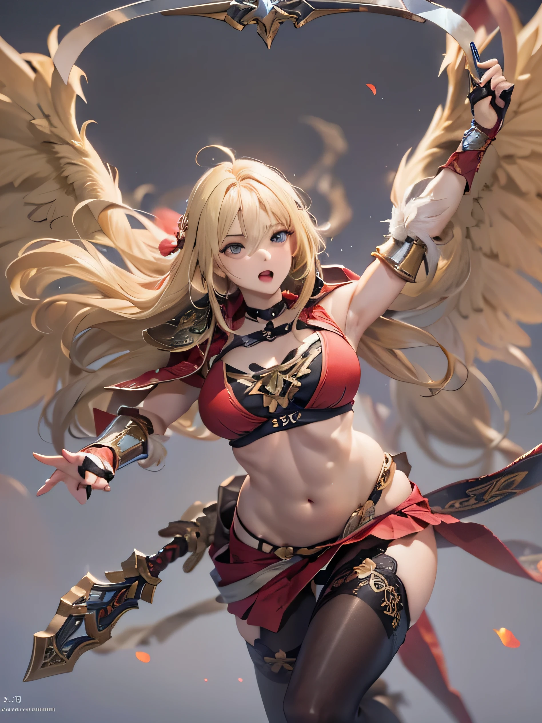 (photorealistic:1.8, highest quality:1.8,8K masterpiece:1.8,High resolution,muste piece:1.8,RAW Photos,cinematic lighting),
medieval fantasy、
 (1 Valkyrie:1.3)、Completely naked、combat hair ornament、red shirt、bondage、choker、knee high tights、Nipple piercing、beautiful butt,beautiful thighs,plump nipples,Nipples are visible through the costume、(cameltoe),No split screen,slender abs:1.2,(Young sensual gravure idol)、
(Soryu Asuka Langley)(character focus)、
beautiful and detailed eyes:1.7,beautiful skin:1.8, 
(midium Hair:1.2,beautiful shining blonde hair:1.5)、
Fight with a flaming sword in hand、critical hit、screaming face