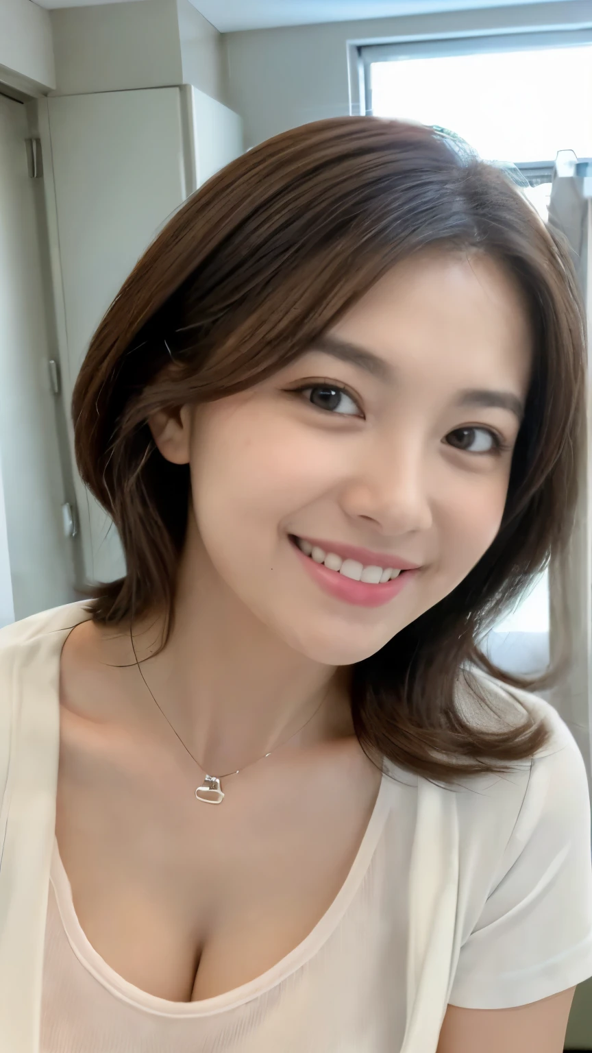 (RAW Photos), (Photorealistic), (masterpiece), (highest quality), High resolution, 8k, (Intricate details), (Volumetric light), Portraiture, Slightly tilted face, woman, 30 years old, Medium Hair, Straight hair, middle cleavage, Layered Hair, Brown Hair, Very beautiful eyes, Source order, Very thin eyebrows, Very fine skin, Very nice mouthfeel, Very nice nose, Cute like an idol, Smile, (Thick lips), (Sexy and elegant colored blouse), ((Full Body Shot)), ((Accentuate your cleavage)), ((random body orientation)),