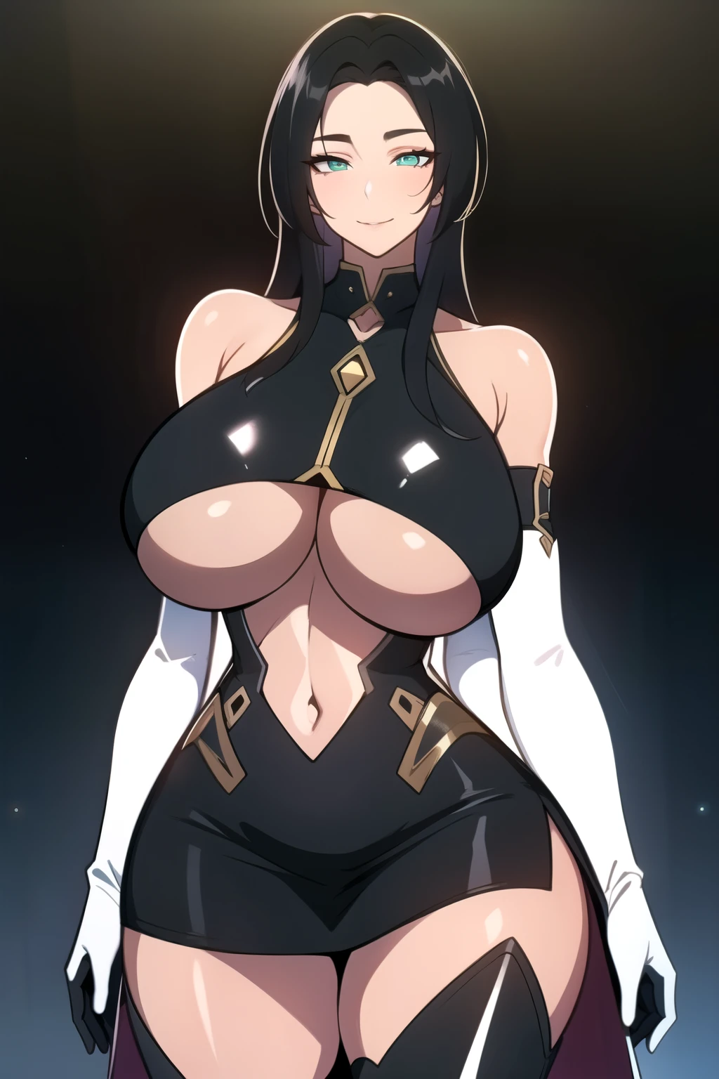 masterpiece, best quality, absurdres, 8k, perfect shadows,perfect lighting,hdr, cowboy shot,shiny skin,skindentation, beautiful body, kafka, ((black hair: 1.4)), long hair, (green eyes: 1.1), (crop top, underboob, elbow gloves, thigh boots, split skirt, bare shoulders, curvy, midriff, curvy, thighs, higheels, shiny clothes), complex detailed background, inside, luxury palace) (gigantic breasts,hourglass body, thin waist,very slim waist)extremely detailed face,detailed eye makeup, detail face, nice detailed eyes,nice hands, perfect hands (realistic pupils,realistic iris:1) heavy eye makeup,glowing eyes, Bright eyes,standing,standing at attention,(seductive smile), gigantic breasts, curvy