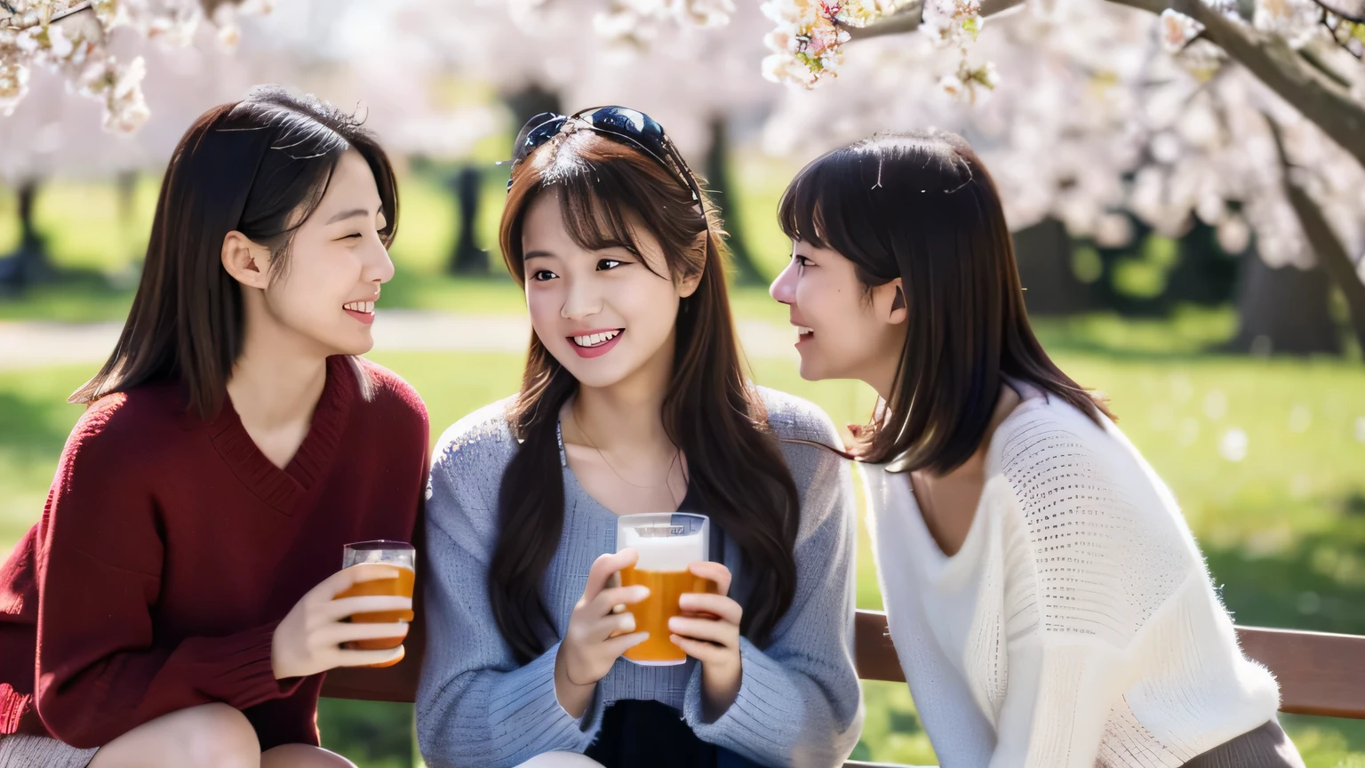 masterpiece, highest quality, Photoreal, Super detailed, finely, High resolution, 8k wallpaper, Professional, Advanced level of detail, Three female college students enjoying cherry blossom viewing in the park, slender Japanese woman, ((Conversation for 3 people)), detailed clavicle, Medium chest、perfect face, medium long hair, knit sweater、mini skirt、A happy smile while holding a beer