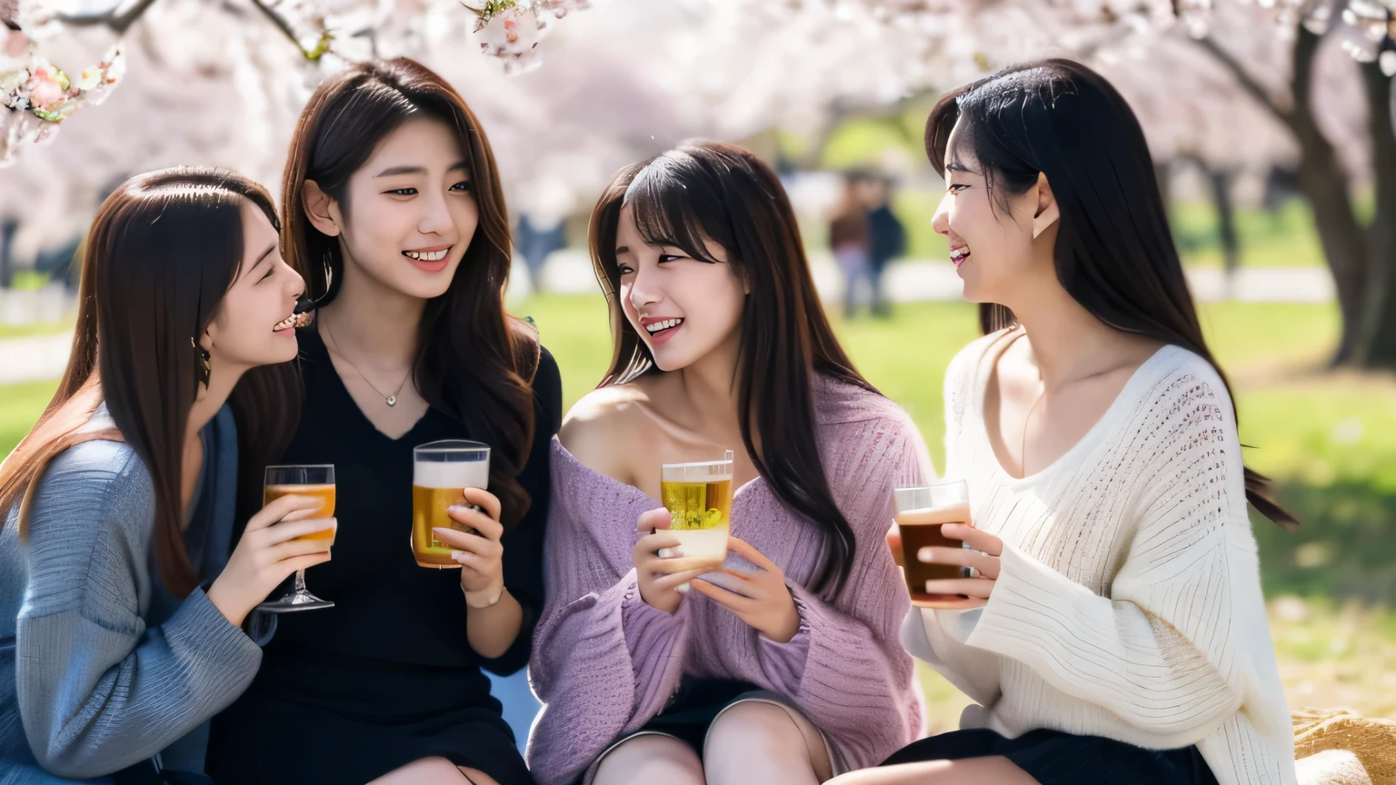 masterpiece, highest quality, Photoreal, Super detailed, finely, High resolution, 8k wallpaper, Professional, Advanced level of detail, Three female college students enjoying cherry blossom viewing in the park, slender Japanese woman, ((Conversation for 3 people)), detailed clavicle, Medium chest、perfect face, medium long hair, knit sweater、mini skirt、A happy smile while holding a beer