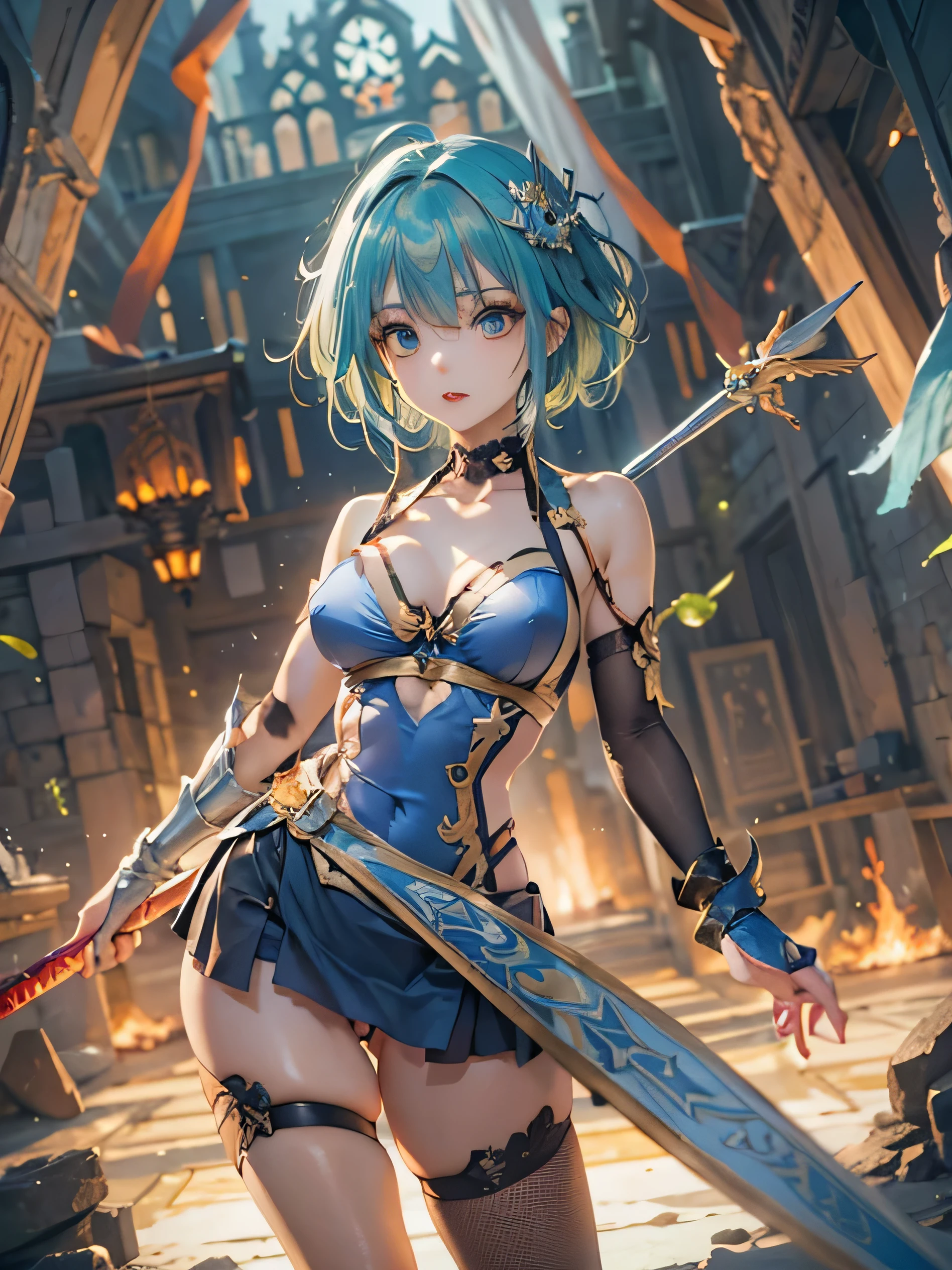 (photorealistic:1.8, highest quality:1.8,8K masterpiece:1.8,High resolution,muste piece:1.8,RAW Photos,cinematic lighting),No split screen,medieval fantasy、burning castle、
 (1 Valkyrie:1.3)、(Completely naked、combat hair ornament、red leotard、bondage、choker、knee high tights、Nipple piercing、beautiful butt,beautiful thighs,plump nipples,Nipples are visible through the costume,cameltoe),slender abs:1.2,
(Rei Ayanami)(character focus)、Stoic beautiful and detailed eyes:1.7,beautiful skin:1.8, 
(short Hair:1.2,Beautiful shining blue lime hair:1.5)、
Fight with an ice sword in hand、critical hit