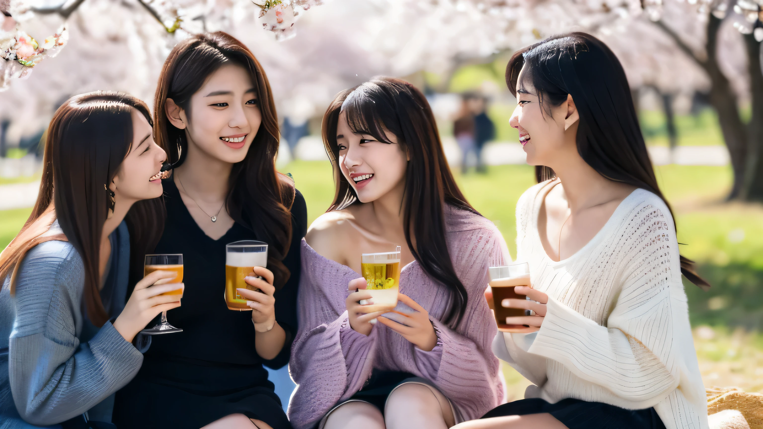 masterpiece, highest quality, Photoreal, Super detailed, finely, High resolution, 8k wallpaper, Professional, Advanced level of detail, Three female college students enjoying cherry blossom viewing in the park, slender Japanese woman, ((Conversation for 3 people)), detailed clavicle, Medium chest、perfect face, medium long hair, knit sweater、mini skirt、A happy smile while holding a beer