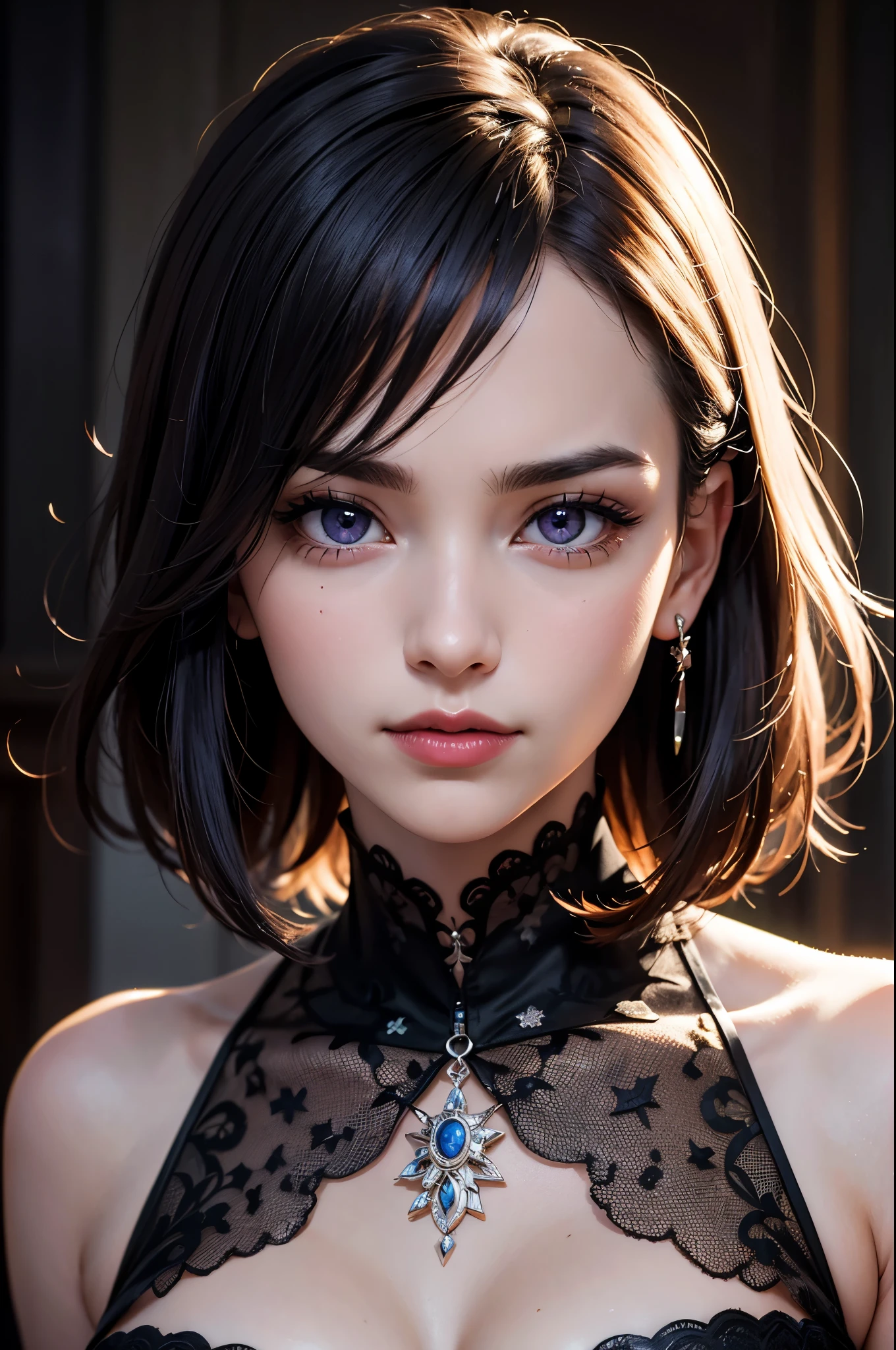 picture, ProFessional Full-body, (detailed Face and eye:1.4), Purple eyes,Deep rifts, colorFul, color photography oF woman, (dark makeup), necklace, Earrings, (Dark lipstick), Split lips, sharp Focus, Focus on Face, Insanely sharp details, Very detailed, gigantic breasts in Frame, 4K HQ, 8k, depth oF Field, F/1.2, Leica, 8k HDR, High contrast, Highly retouched, Shadows, sad, Award-winning photography, The best photographers.