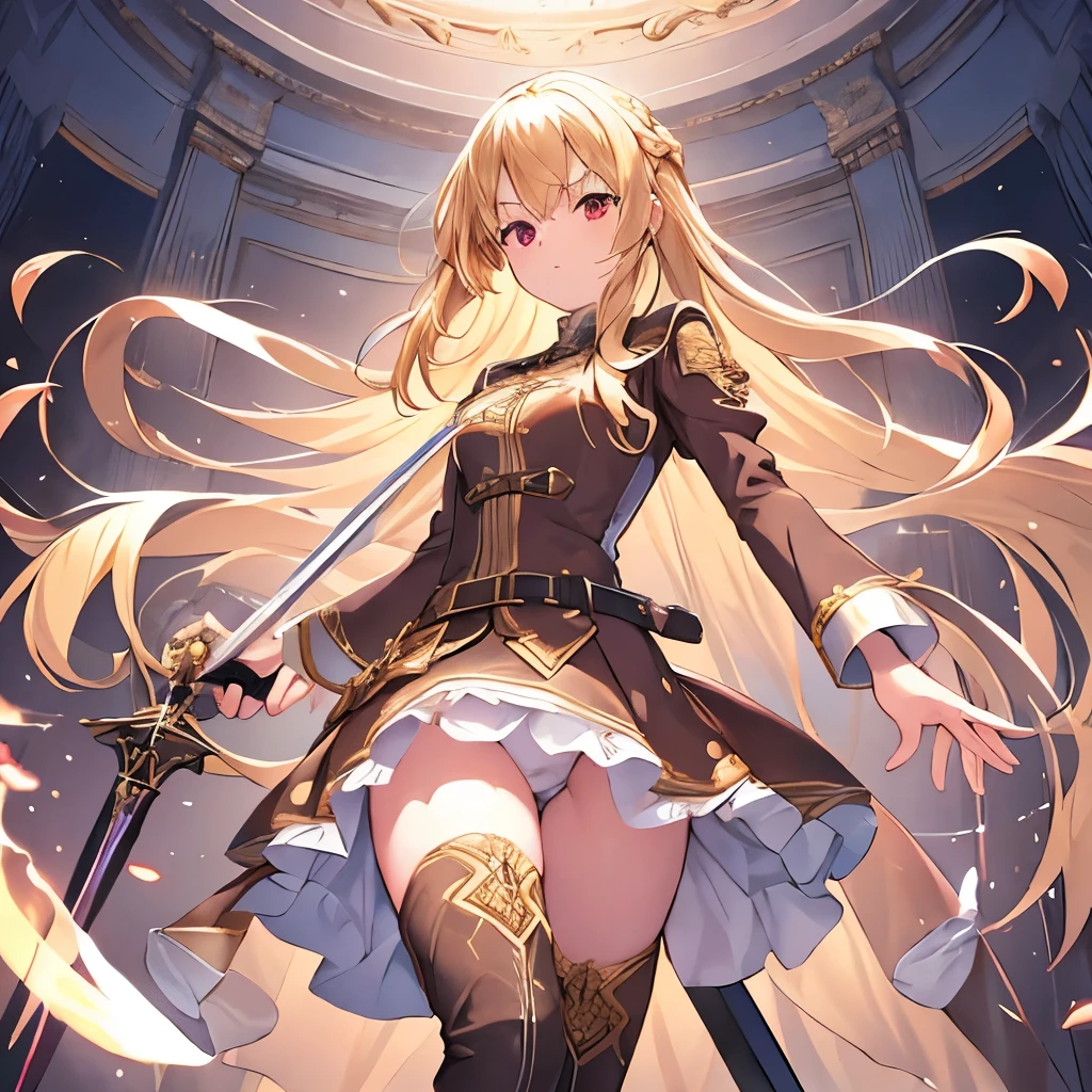 blonde hair and brown dress with brown boots holding a sword, 1girl, solo, long hair, thighhighs, boots, white background, blonde hair, white thighhighs, red eyes, looking at viewer, very short mini skirt, brown footwear, floating hair, very long hair, long sleeves,masterpiece,(best quality),(high resolution),perfect face,beautiful skin