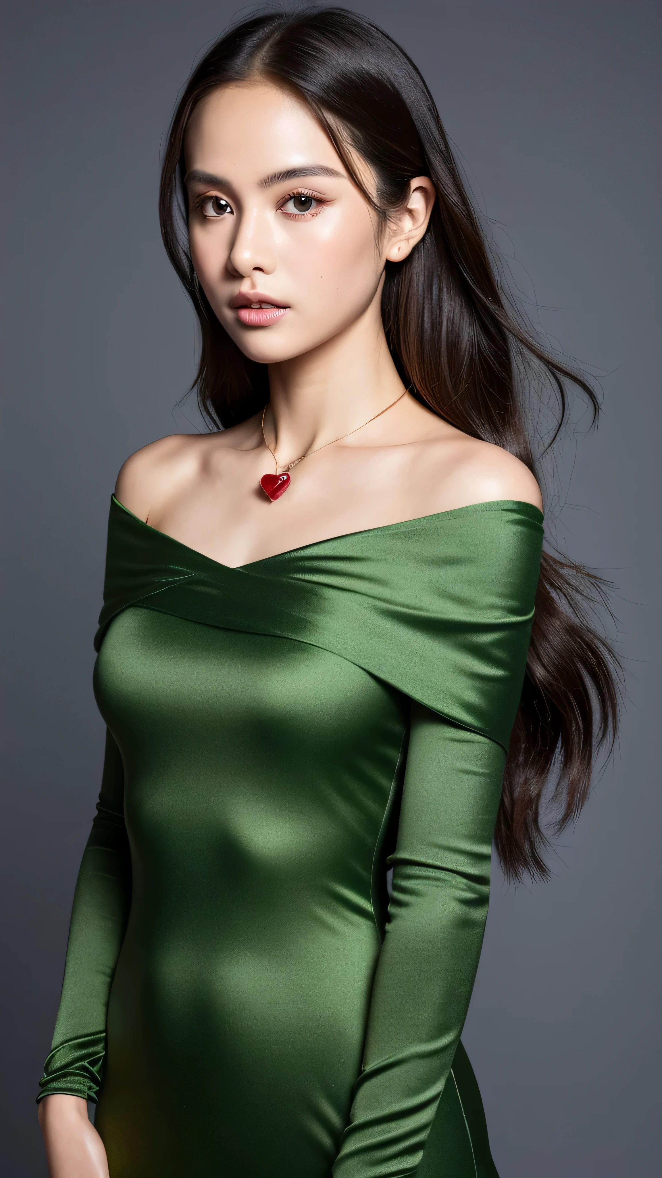 (8K resolution,Avatar photo),(1womanl,27years old,((heart - shaped face,Wide top and narrow bottom,The forehead is wide and full,with a pointed chin,The eye shape is round and full,Small open fan double eyelids,The lying silkworm is full,The tail of the eyes rose slightly,Thin upper lip,The lower lip is plump, delicate face,Detailed face),(Long shoulder-length hair,Roll inward),Fair smooth skin,(Best Skin Type:1.21),(Off-the-shoulder fashion dress,Luxurious necklaces,Ultra-fine clothing material),(black simple background),(Professional lighting),((The color is uniform,(red colour,green color))),(Golden section,Cinema lenses,Hasselblad photograp,tmasterpiece:1.3),(Delicate and cute,Full of charm,Heroic,fashion art,trendsetting,Artis,Art platform)