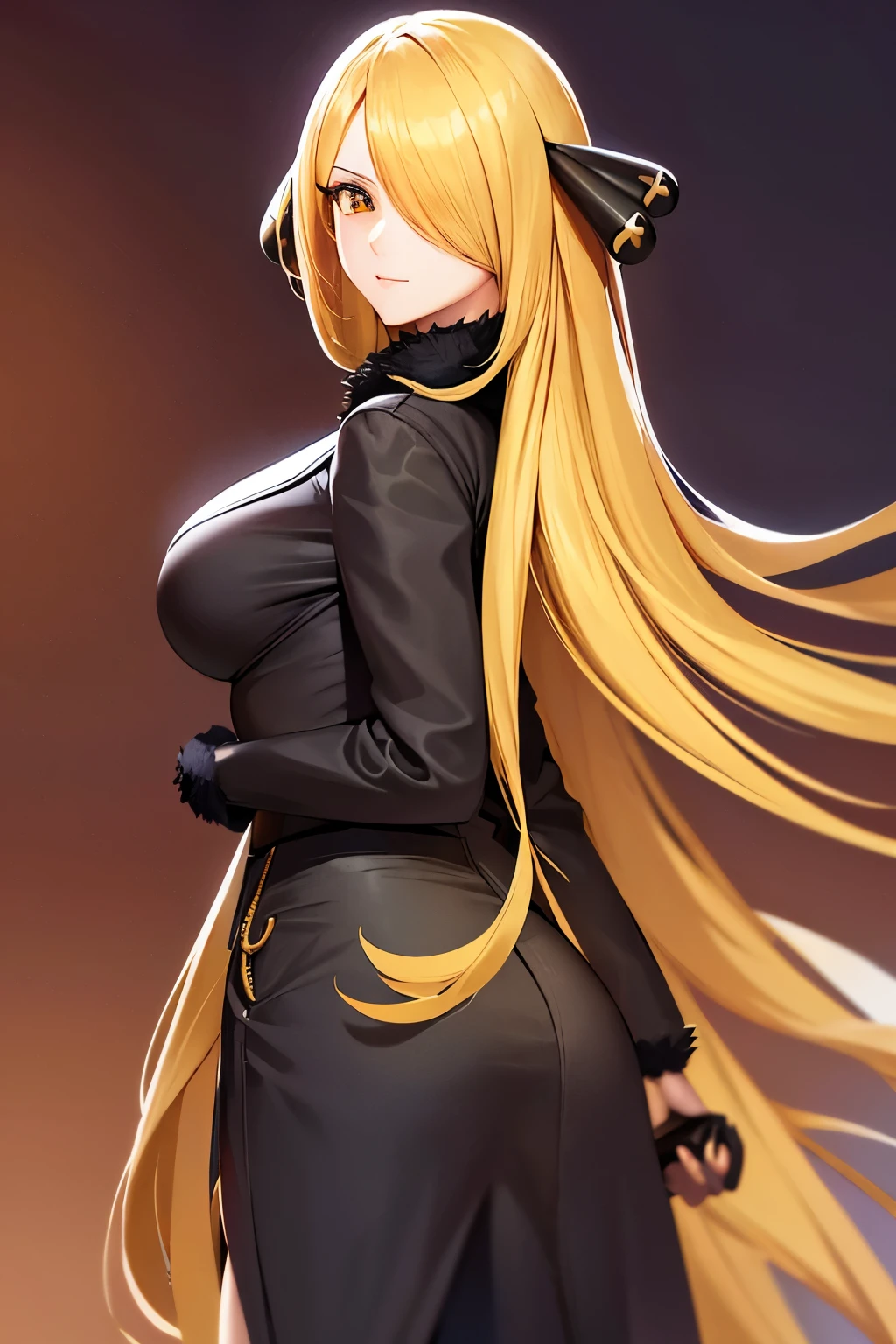 pokemoncynthia, pokemoncynthia, blonde hair, hair ornament, (hair over one eye:1.5), long hair, (yellow eyes:1.5), smile, BREAK black coat, black pants, black shirt, coat, fur collar, fur trim, fur-trimmed sleeves, pants, shirt, BREAK looking at viewer, upper body, full body, (cowboy shot:1.5), BREAK outdoors, nature, sky, BREAK (masterpiece:1.2), best quality, high resolution, unity 8k wallpaper, (illustration:0.8), (beautiful detailed eyes:1.6), extremely detailed face, perfect lighting, extremely detailed CG, (perfect hands, perfect anatomy),