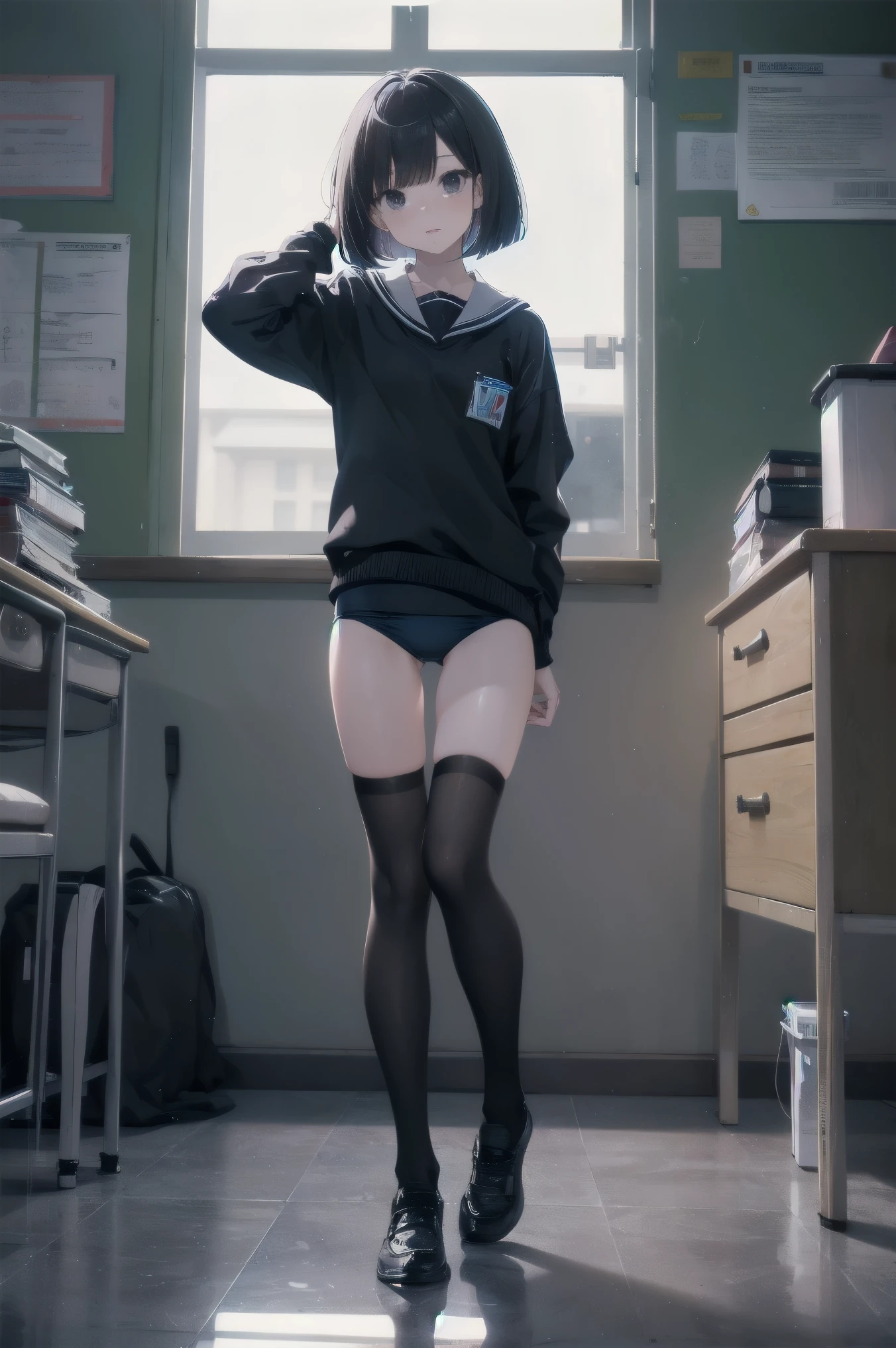 High quality、highest quality、complete limbs、Ultra high definition、vivid colors、full finger、black eyes、bob cut、slender beauty、wearing knee highs、school swimwear、surprised、standing position