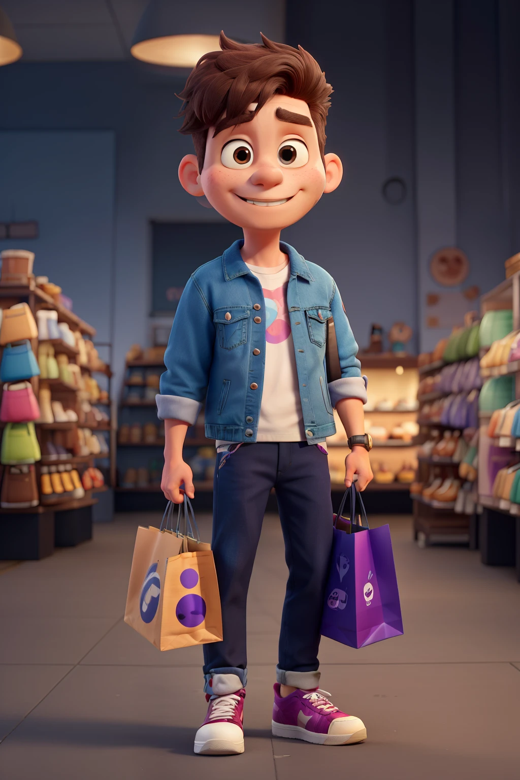 Create a mascot called "wave" for an online store in the style of the Pixar character. The name of the store is "trendwave". The character should be friendly and bring customers closer. He likes to buy things online and has shopped at TrendWave. Predominant colors are blue and a gradient of purple and pink. He's shaped like a cell phone. He wears a cap and a denim jacket. He is wearing sneakers. He holds a cell phone in one hand and a shopping bag in the other.
