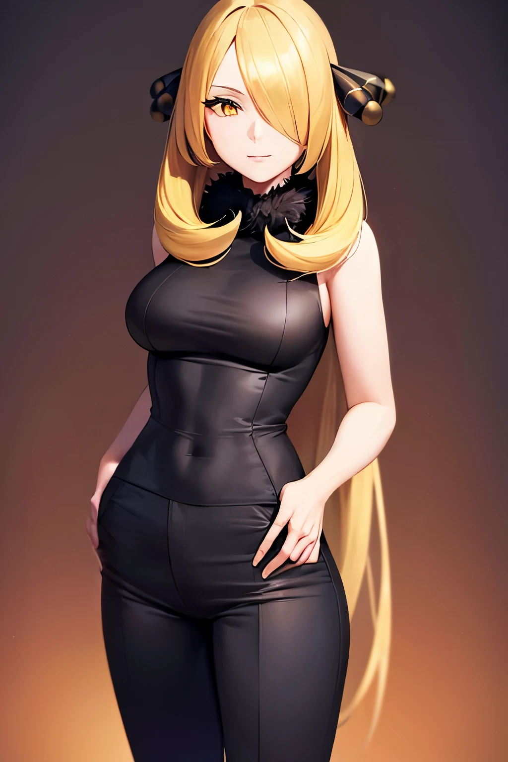 pokemoncynthia, pokemoncynthia, blonde hair, hair ornament, (hair over one eye:1.5), long hair, (yellow eyes:1.5), smile, BREAK black coat, black pants, black shirt, coat, fur collar, fur trim, fur-trimmed sleeves, pants, shirt, BREAK looking at viewer, upper body, full body, (cowboy shot:1.5), BREAK outdoors, nature, sky, BREAK (masterpiece:1.2), best quality, high resolution, unity 8k wallpaper, (illustration:0.8), (beautiful detailed eyes:1.6), extremely detailed face, perfect lighting, extremely detailed CG, (perfect hands, perfect anatomy),