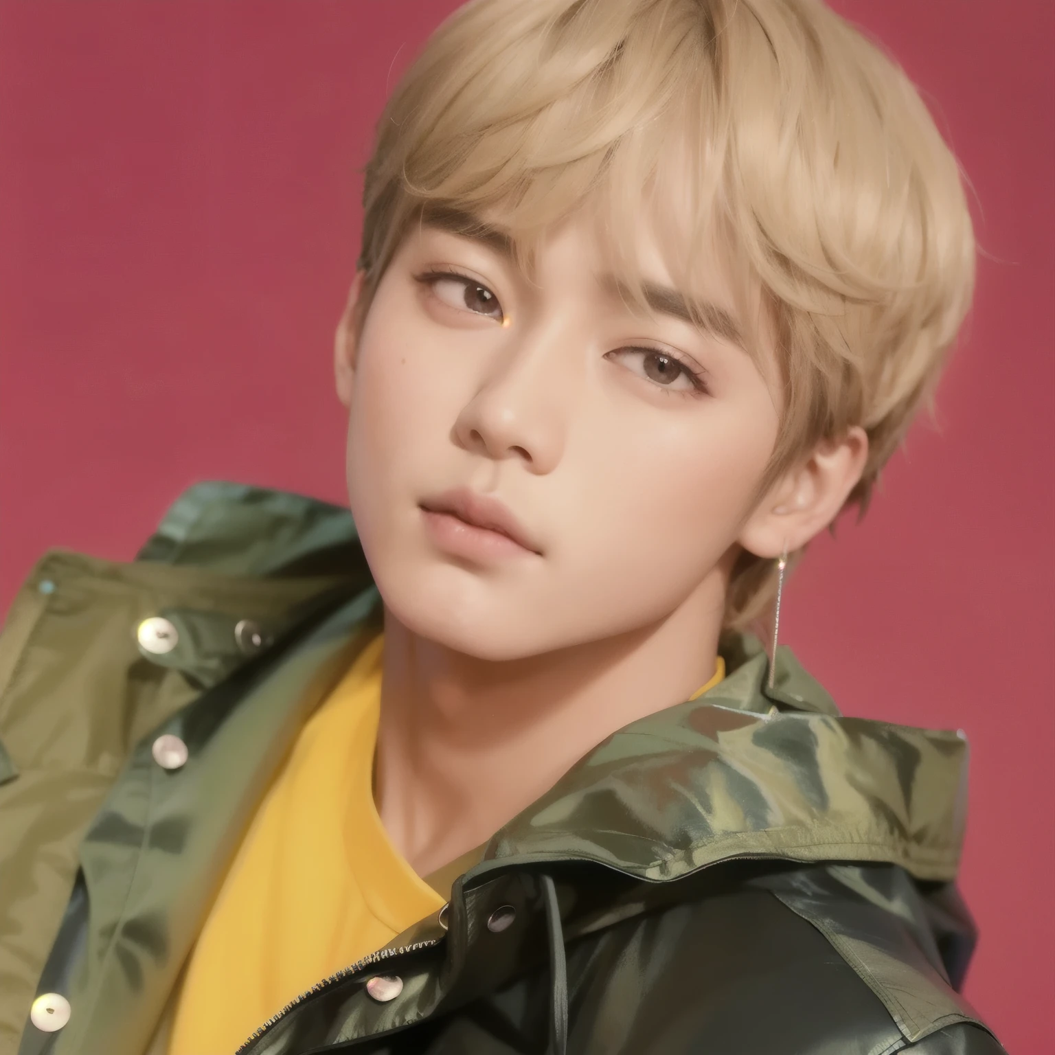 un primer plano de una persona que llevaba una chaqueta y una camisa amarilla, kpop idol portrait, kim doyoung, Jimin, hyung tae, taehyung comiendo papas fritas gucci, jungkook, retrato de jossi de blackpink, Cai Xu Kun, foto de perfil en la cabeza, bts, taken in the early 2020s, park Jimin, diez lee, inspirado en Bian Shoumin