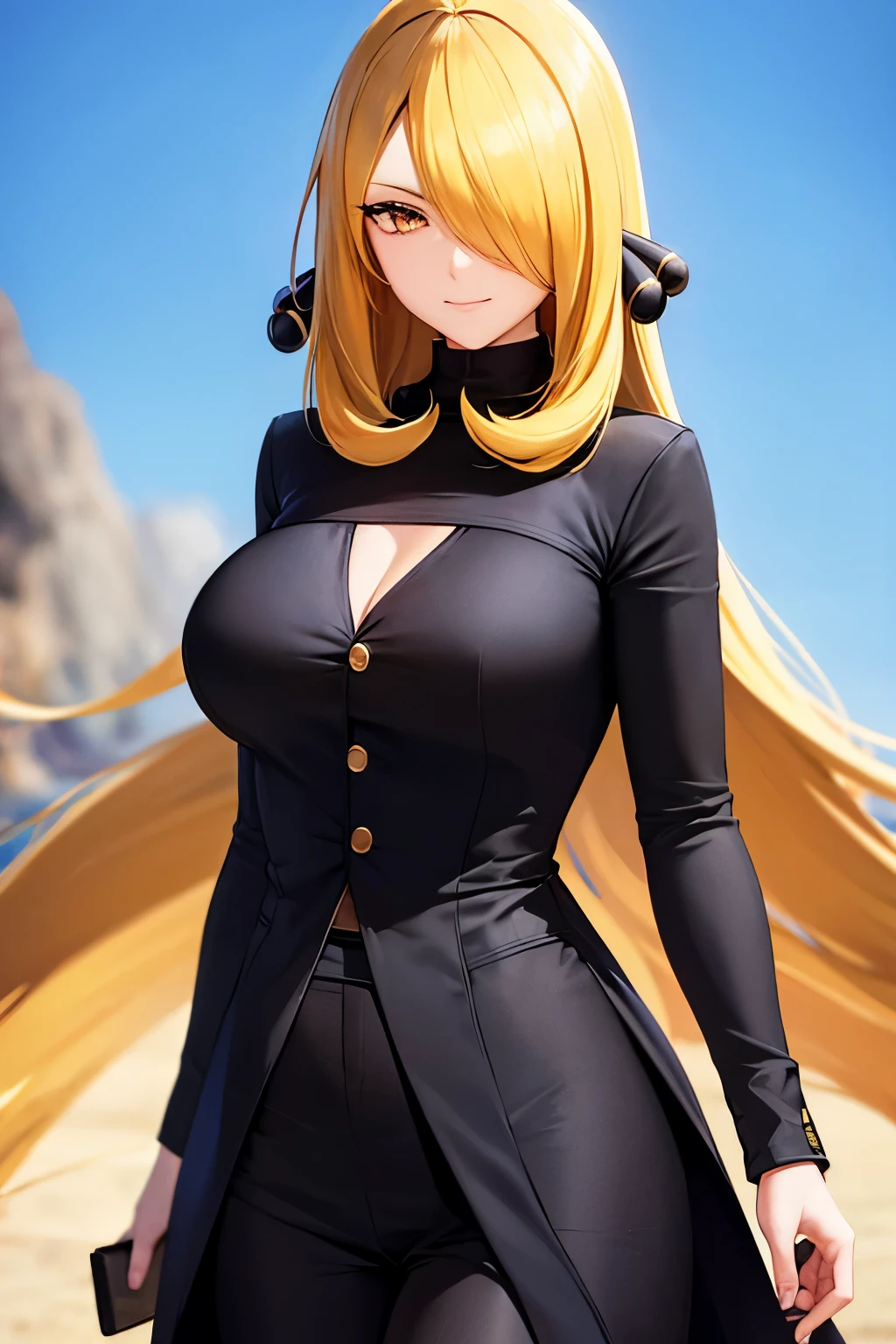 pokemoncynthia, pokemoncynthia, blonde hair, hair ornament, (hair over one eye:1.5), long hair, (yellow eyes:1.5), smile, BREAK black coat, black pants, black shirt, coat, fur collar, fur trim, fur-trimmed sleeves, pants, shirt, BREAK looking at viewer, upper body, full body, (cowboy shot:1.5), BREAK outdoors, nature, sky, BREAK (masterpiece:1.2), best quality, high resolution, unity 8k wallpaper, (illustration:0.8), (beautiful detailed eyes:1.6), extremely detailed face, perfect lighting, extremely detailed CG, (perfect hands, perfect anatomy),