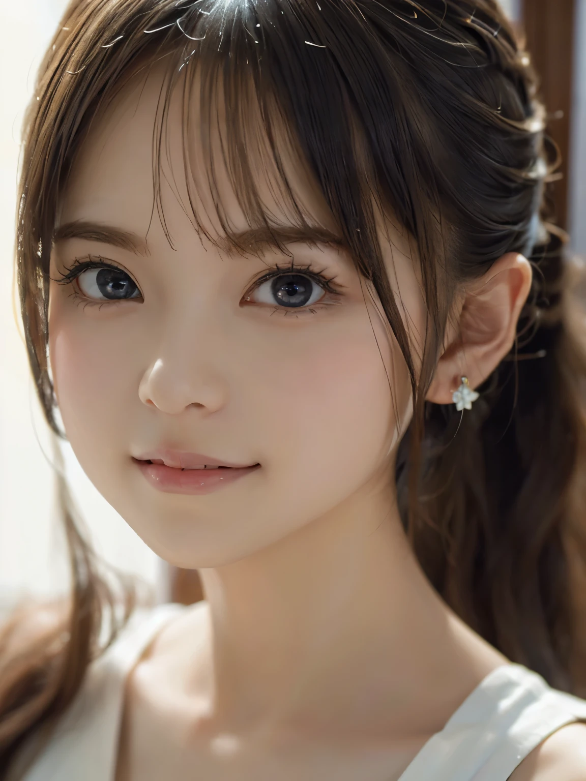 grassland、(You can see both sides:1.6)、(from the chest up:1.6)、laughter、Close-up portrait of a girl wearing white sleeveless top dress and earrings, soft portrait shot 8k, nice delicate face, High quality 4K portraits, high quality portrait, soft and perfect white skin, 8K highly detailed face, beautiful and delicate face, beautiful light big eyes, beautiful and realistic face, with a beautiful girl, beautiful and realistic face, cute girl