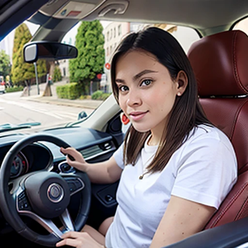 young woman elena1224, driving a car, car interior, hands on wheel, background city street, office shirt