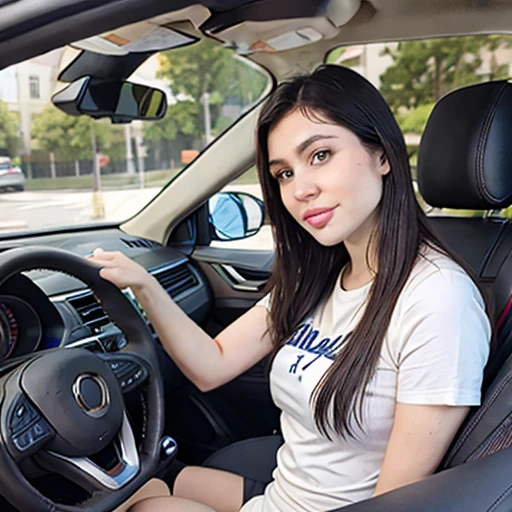 elena1224, driving a car, car interior, hands on wheel, background city street, office shirt
