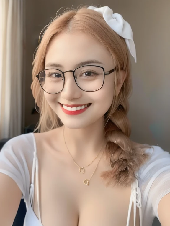 (realistic、masterpiece、Best Quality、8K、highres、high resolution:1.3)、1 glasses girl、Huge breasts、smile, white bikini、pale white skin、looking at viewers、super fine face and eyes、long hair、indoor、 upper body、