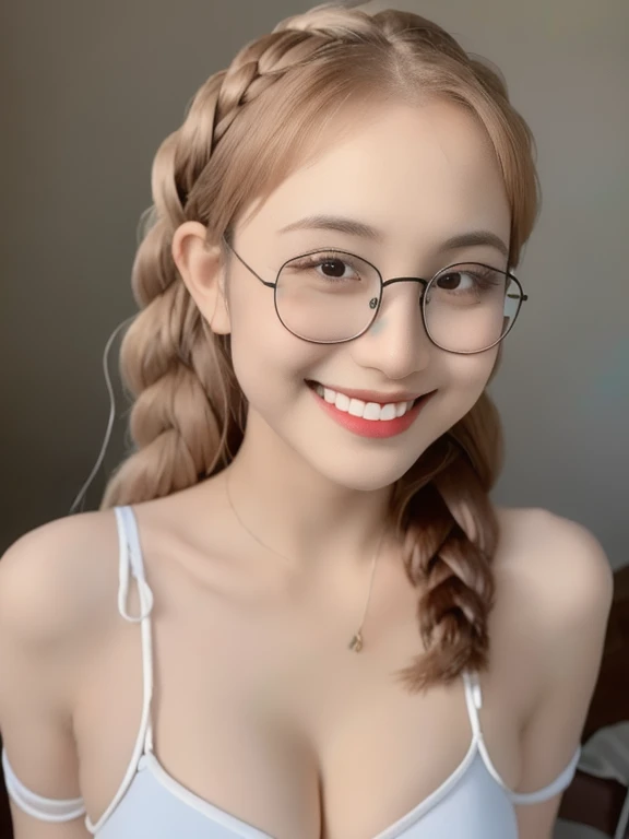 (realistic、masterpiece、Best Quality、8K、highres、high resolution:1.3)、1 glasses girl、Huge breasts、smile, white bikini、pale white skin、looking at viewers、super fine face and eyes、long hair、indoor、 upper body、